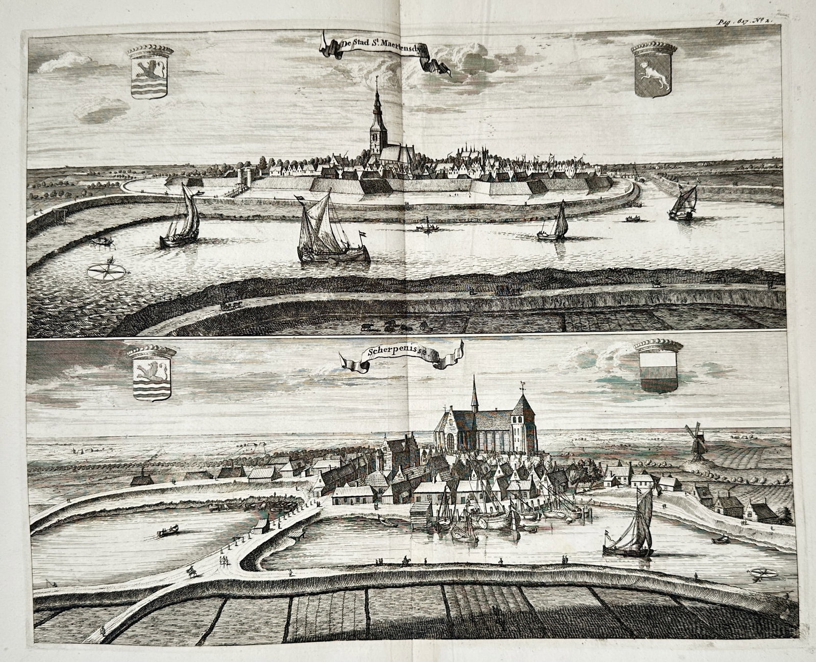 Mattheus Smallegange – Views of Sint-Maartensdijk and Scherpenisse – Engraving (1696): "The City of Sint-Maartensdijk and Scherpenisse" depicts panoramic topographical views of two historic settlements on the island of Tholen featuring prominent church towers, surrounding water defenses