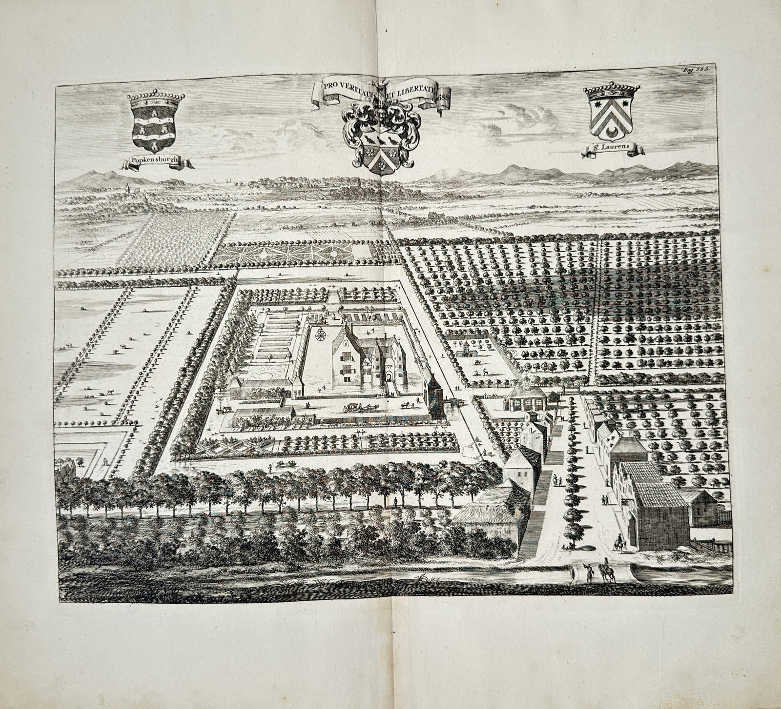 Mattheus Smallegange – View of Popkensburg Estate in Sint Laurens – Engraving (1696): "View of Popkensburg Estate in Sint Laurens" depicts a bird's-eye perspective of the historic Popkensburg manor house surrounded by formal gardens, expansive orchards, and countryside along with famil