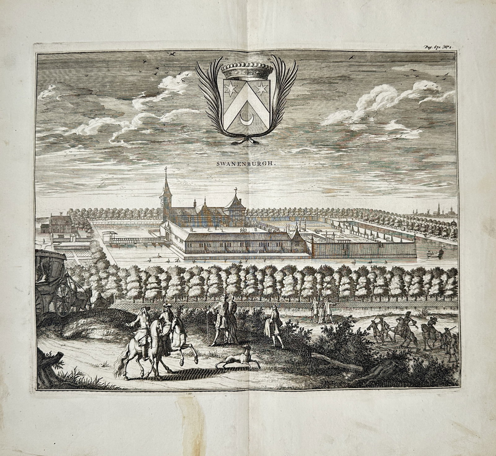 Mattheus Smallegange – View of Swanenburgh Estate – Engraving (1696): "Swanenburgh Estate" depicts a panoramic landscape view of a grand noble manor house enclosed by a moat, manicured grounds, and figures on horseback near an ornamental coat of arms. This illustration 
