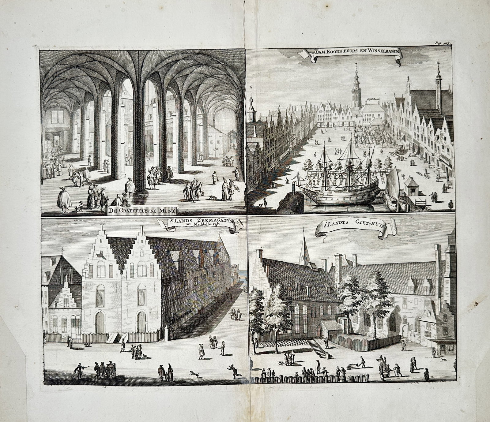 Mattheus Smallegange – Civic Buildings of Middelburg – Engraving (1696): "Civic Buildings of Middelburg" depicts architectural interior and exterior perspectives of key civic, financial, and naval institutions in Middelburg including the mint, grain exchange, national nava