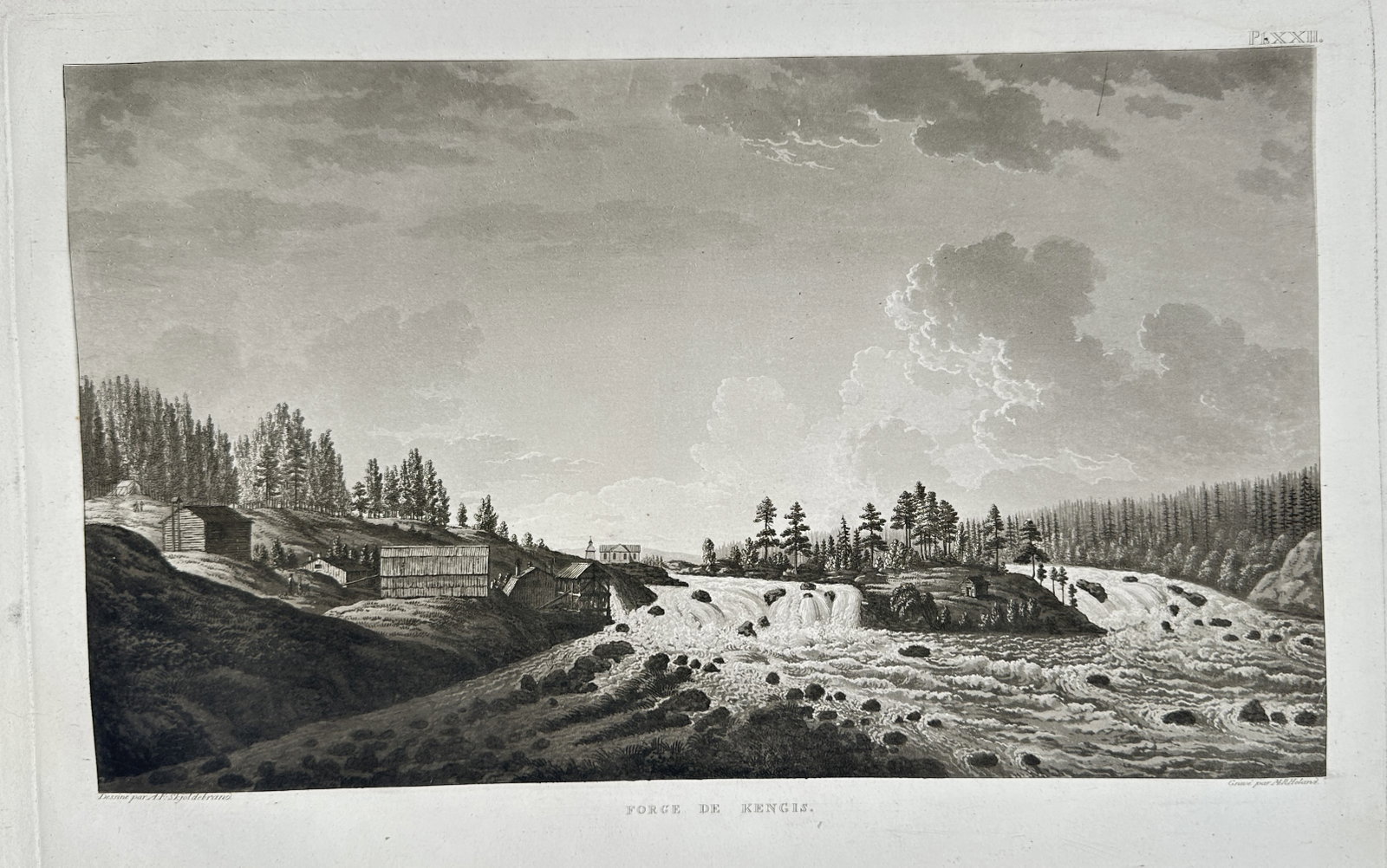 Anders Fredrik Skjöldebrand – Waterfall of Kengis – Aquatint (1801–1802): "Waterfall of Kengis" depicts a broad rushing waterfall cascading past wooden structures and pine forests in a Nordic wilderness landscape. This illustration was created for the travel chronicle Voyag