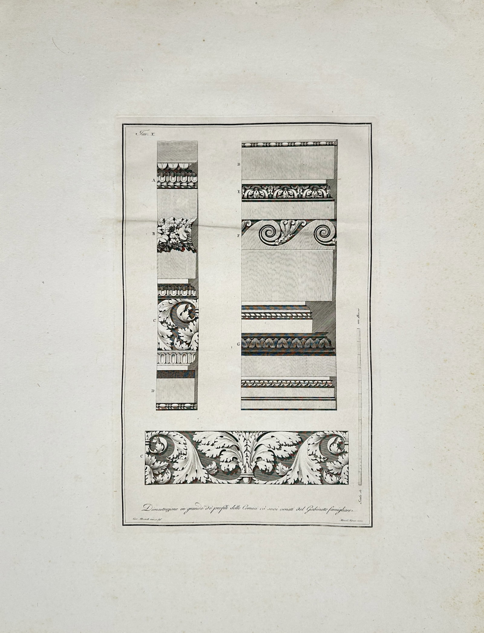 Giocondo Albertolli – Profiles of Cornice Moldings and Ornaments – Engraving (1782): "Profiles of Cornice Moldings and Ornaments" depicts classical architectural moldings, decorative foliage, and ornamental frieze designs for interior decoration. This illustration was created for the 