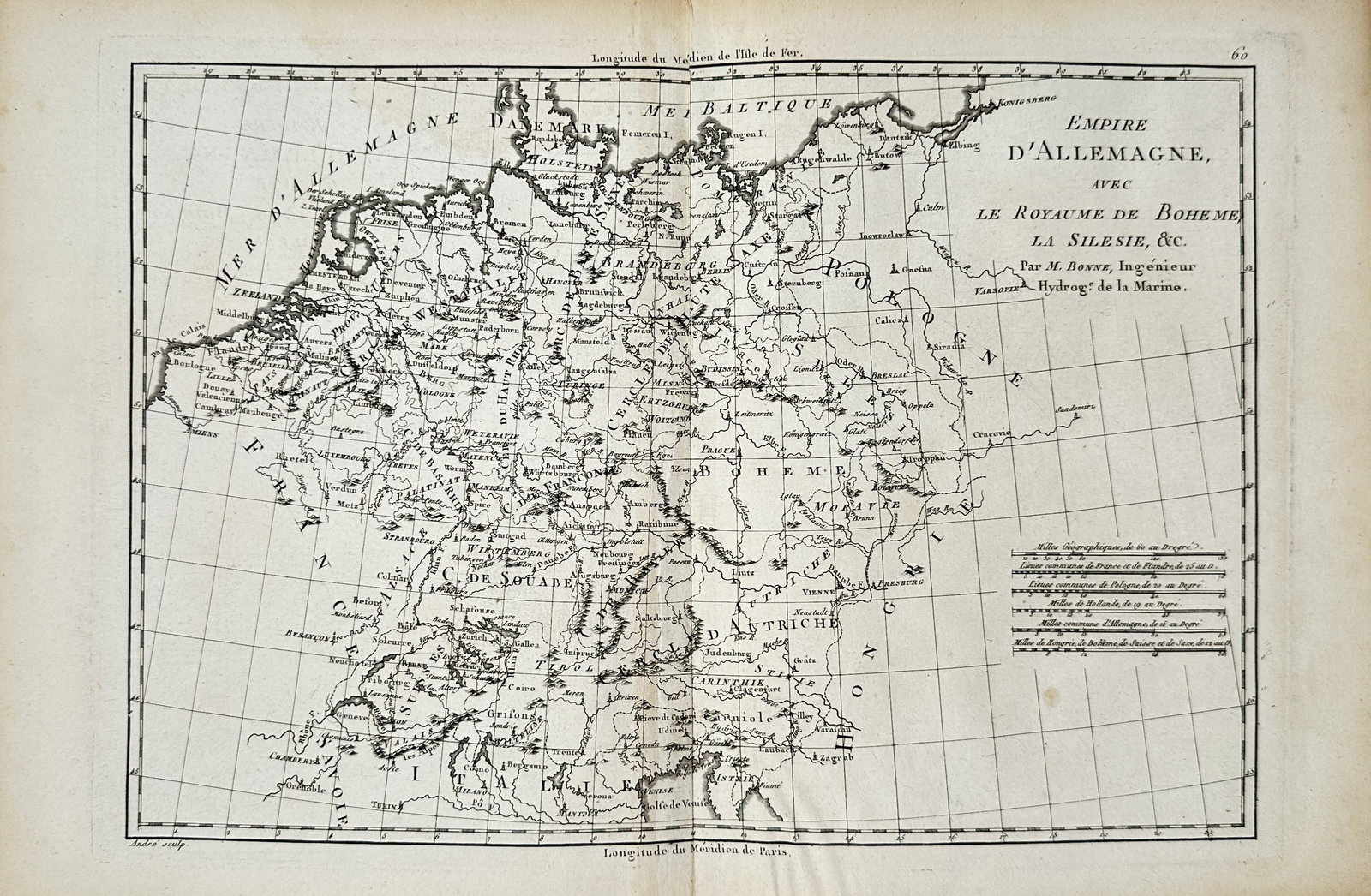 Rigobert Bonne – Map of the German Empire – Central Europe – Engraving (1780): "German Empire with the Kingdom of Bohemia, Silesia, etc." depicts a detailed geographical map of Central Europe encompassing the German states, Bohemia, Silesia, and surrounding territories. This ill