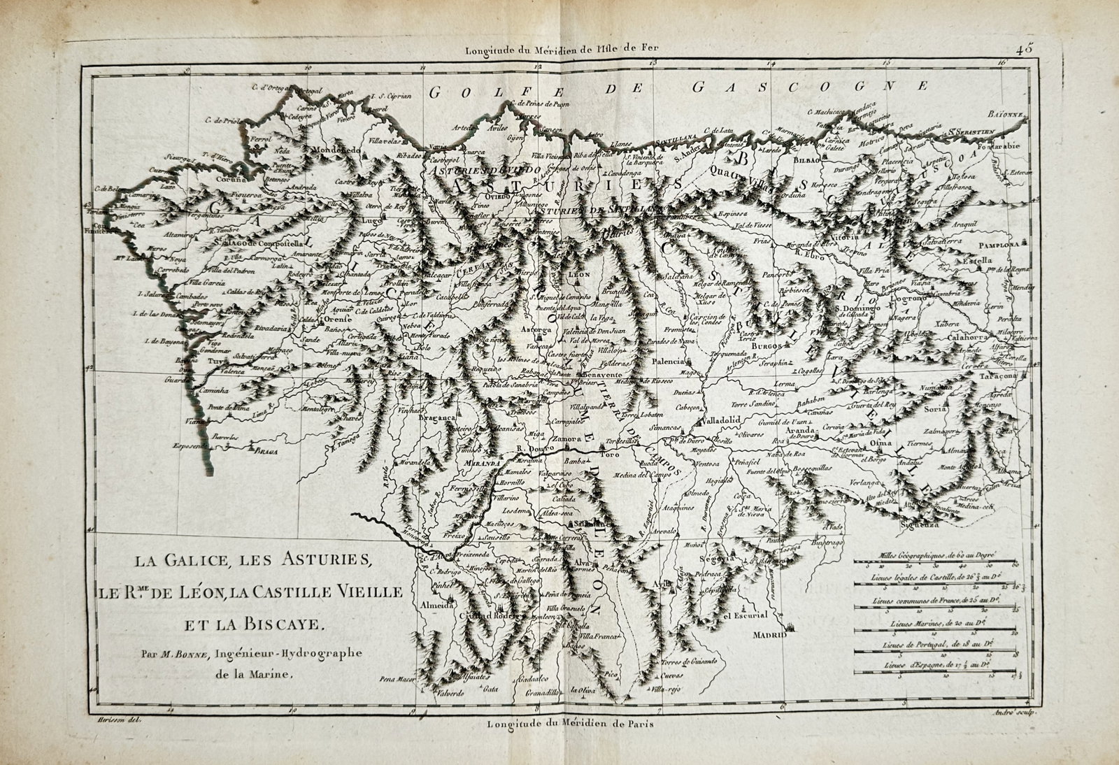 Rigobert Bonne – Map of Northern Spain – Europe – Engraving (1780) (1 of 2)