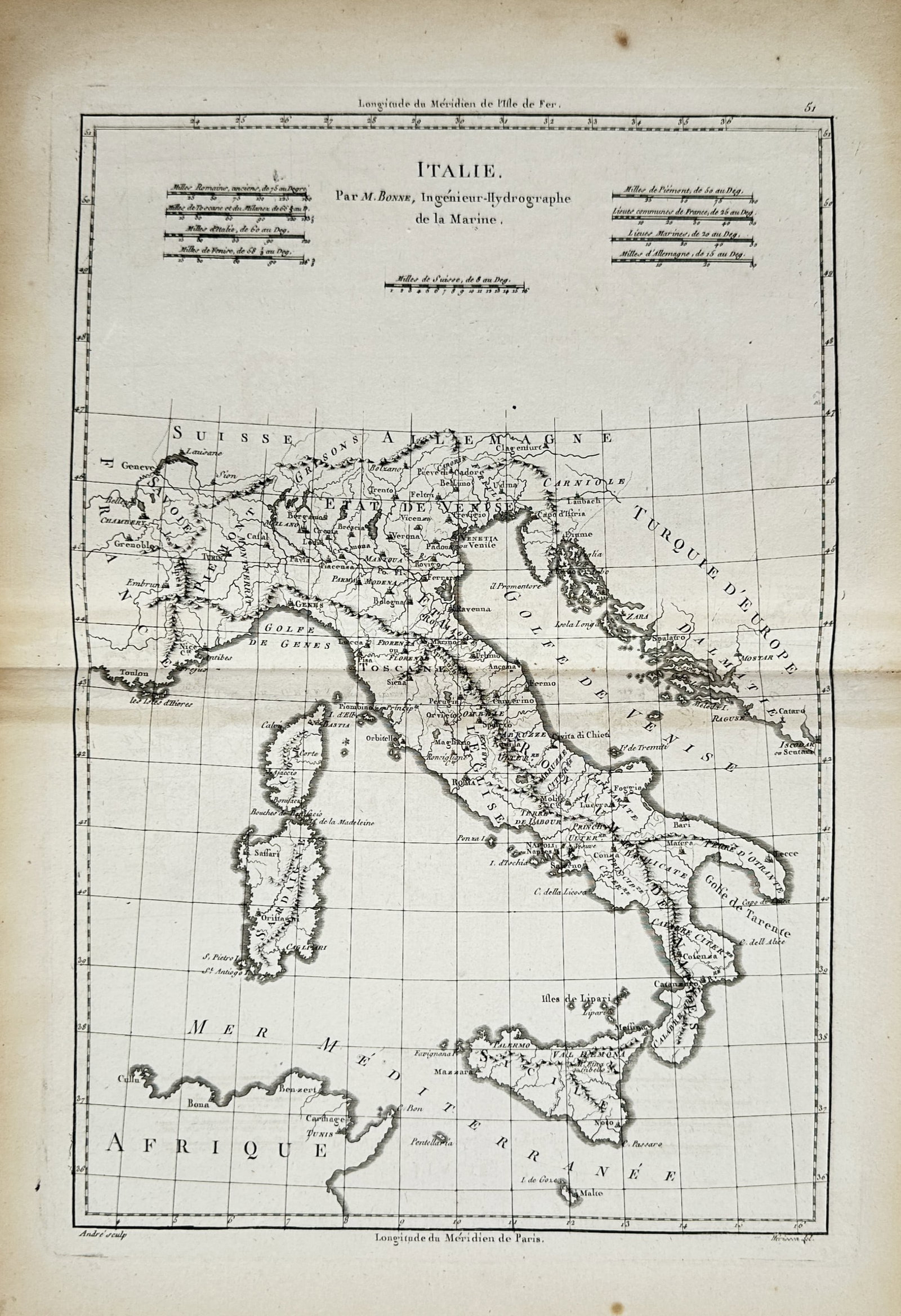Rigobert Bonne – Map of Italy – Europe – Engraving (1780): "Italy" depicts a geographical map of the Italian peninsula, including Corsica, Sardinia, Sicily, and the surrounding Mediterranean waters. This illustration was created for the Atlas de Toutes les Pa