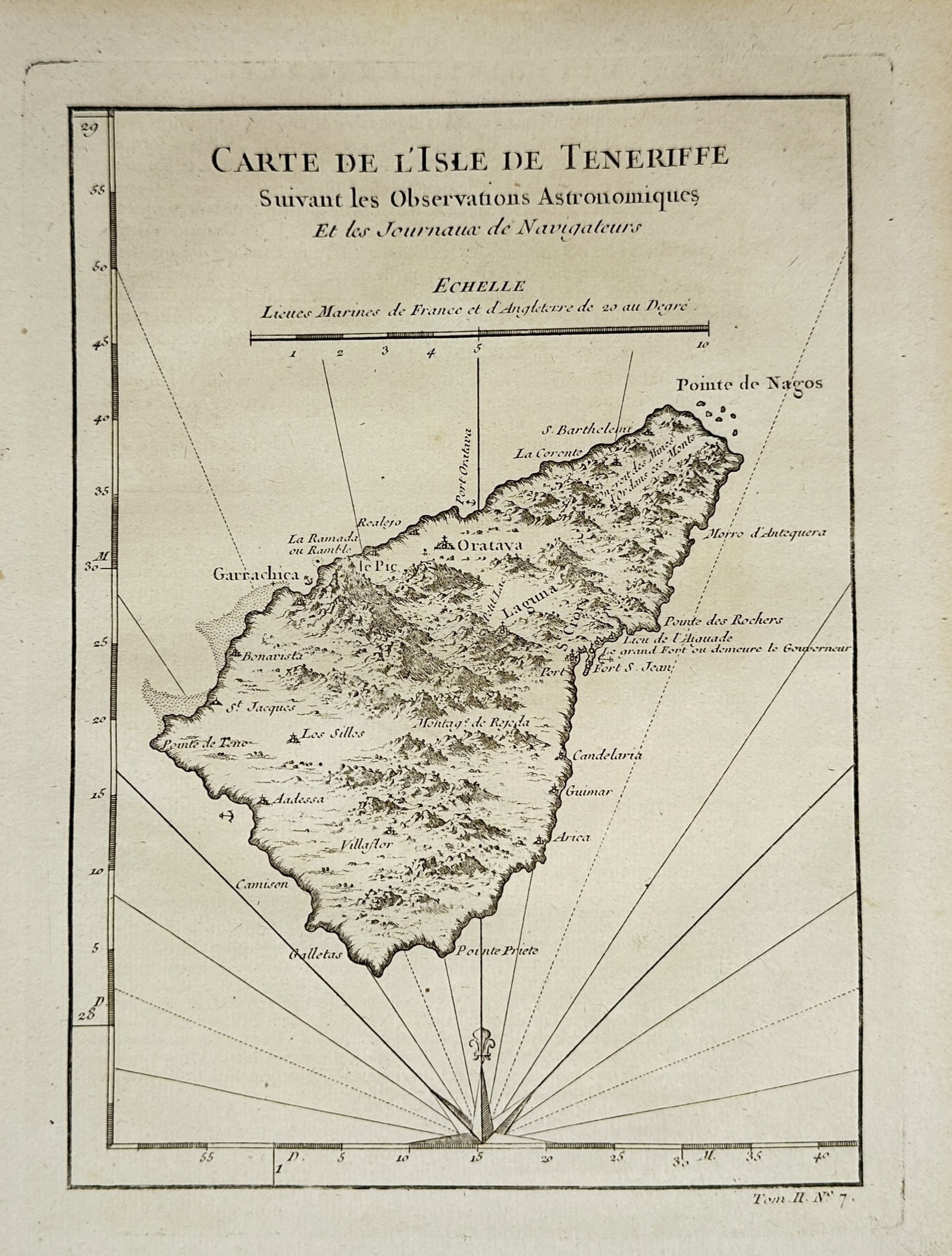 Jacques-Nicholas Bellin – Map of the Island of Tenerife – Canary Islands – Engraving (1748): "Map of the Island of Tenerife" depicts a detailed geographical chart of Tenerife showing its mountainous terrain, coastal lines, navigational rhumb lines, and settlement names based on astronomical o