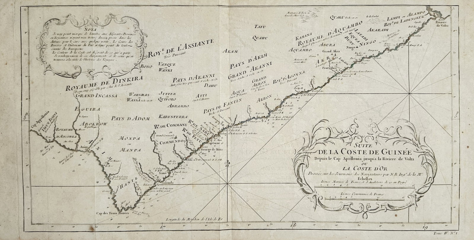 Jacques-Nicholas Bellin – Map of the Gold Coast of Guinea – West Africa – Engraving (1748): "Continuation of the Coast of Guinea or the Gold Coast" depicts a detailed geographical chart of the West African coastline stretching from Cape Apollonia to the Volta River, featuring regional kingdo
