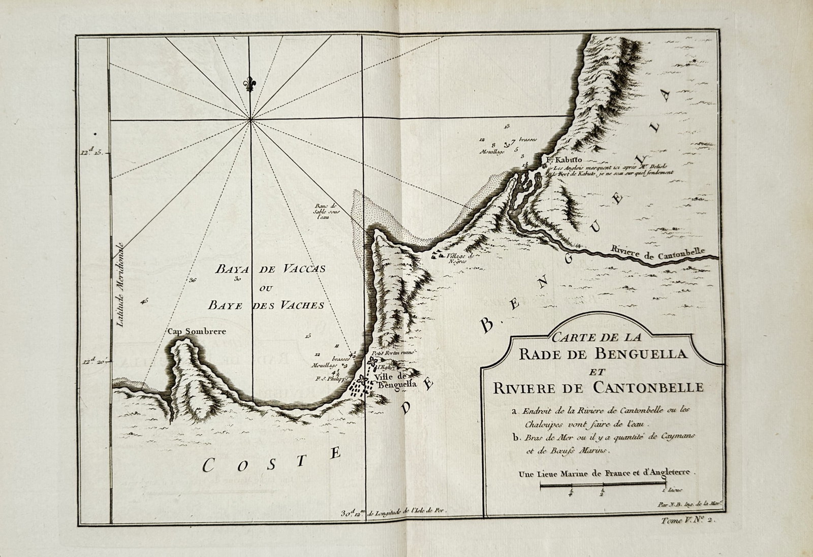 Jacques-Nicholas Bellin – Map of the Roadstead of Benguela – Angola – Engraving (1748): "Map of the Roadstead of Benguela and Catumbela River" depicts a detailed coastal chart of the Benguela roadstead in Angola, highlighting the surrounding bay, riverways, coastal topography, and naviga