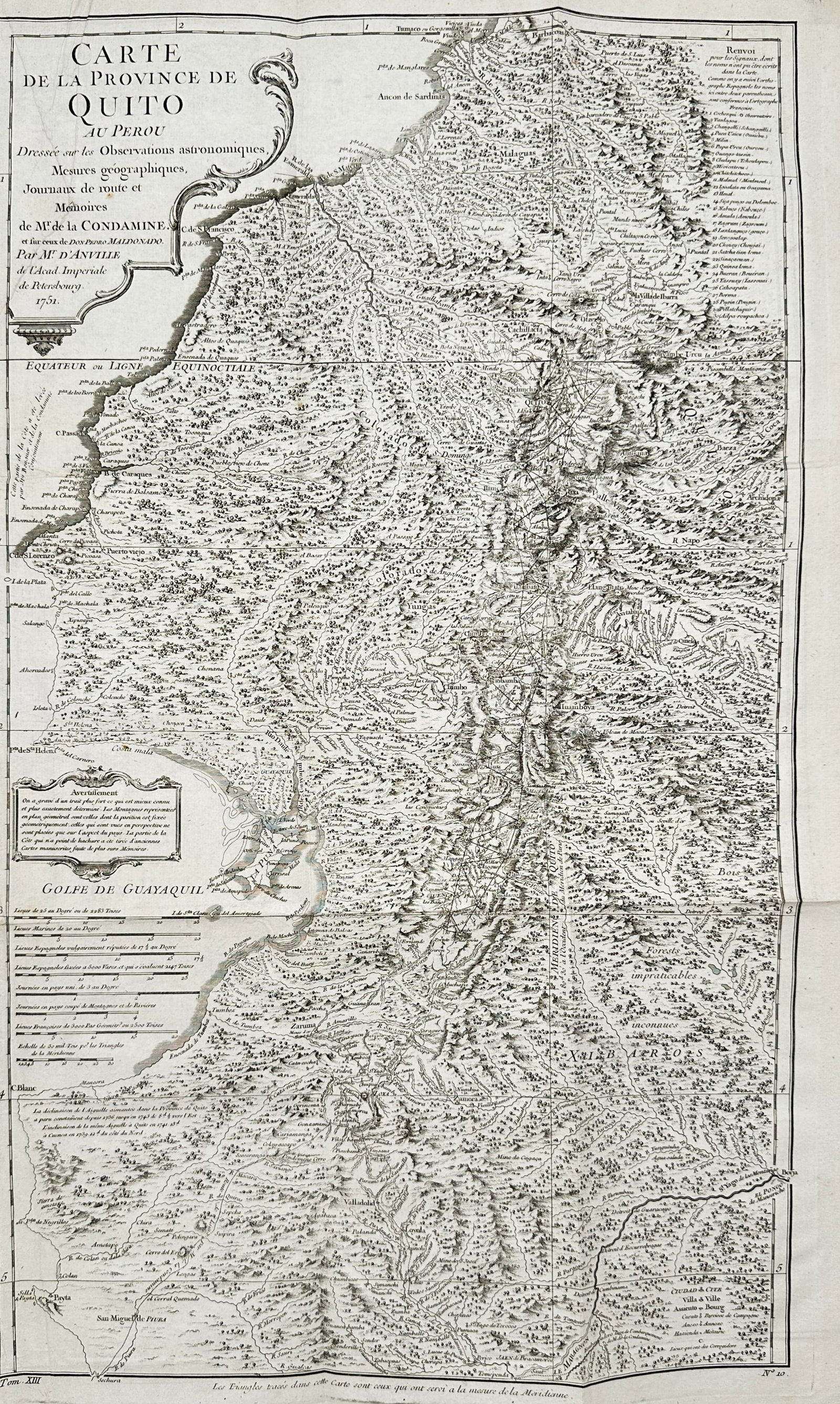 Jean-Baptiste Bourguignon d'Anville – Map of the Province of Quito – Ecuador – Engraving: "Map of the Province of Quito in Peru" depicts a detailed geographical chart of the region surrounding Quito, highlighting mountainous terrain, river systems, coastal outlines, and surrounding settlem