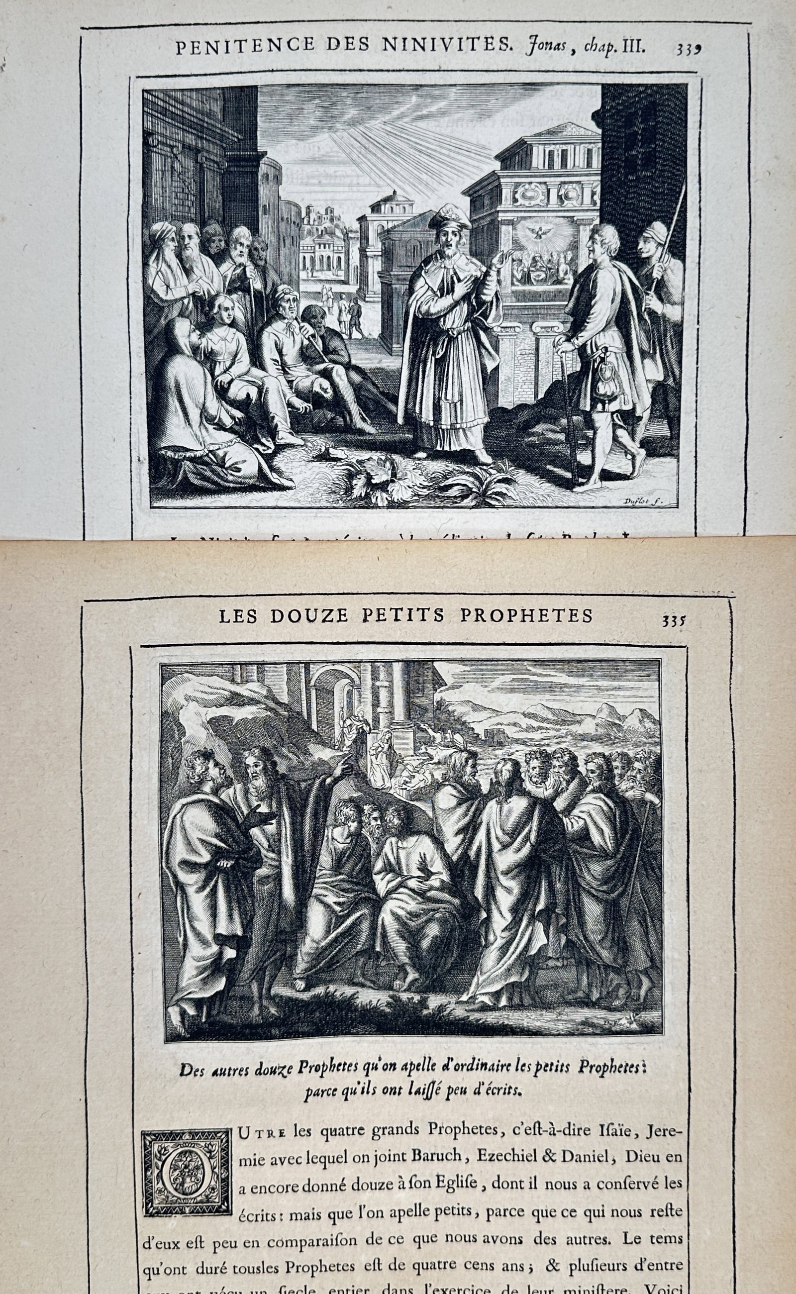 Nicolas Fontaine – Set of 2: Biblical Scenes of the Prophets and the Penitence of Nineveh: "Penitence of the Ninevites and The Twelve Minor Prophets" depicts biblical compositions illustrating Jonah preaching repentance to the people of Nineveh and a gathering of old testament prophets. The