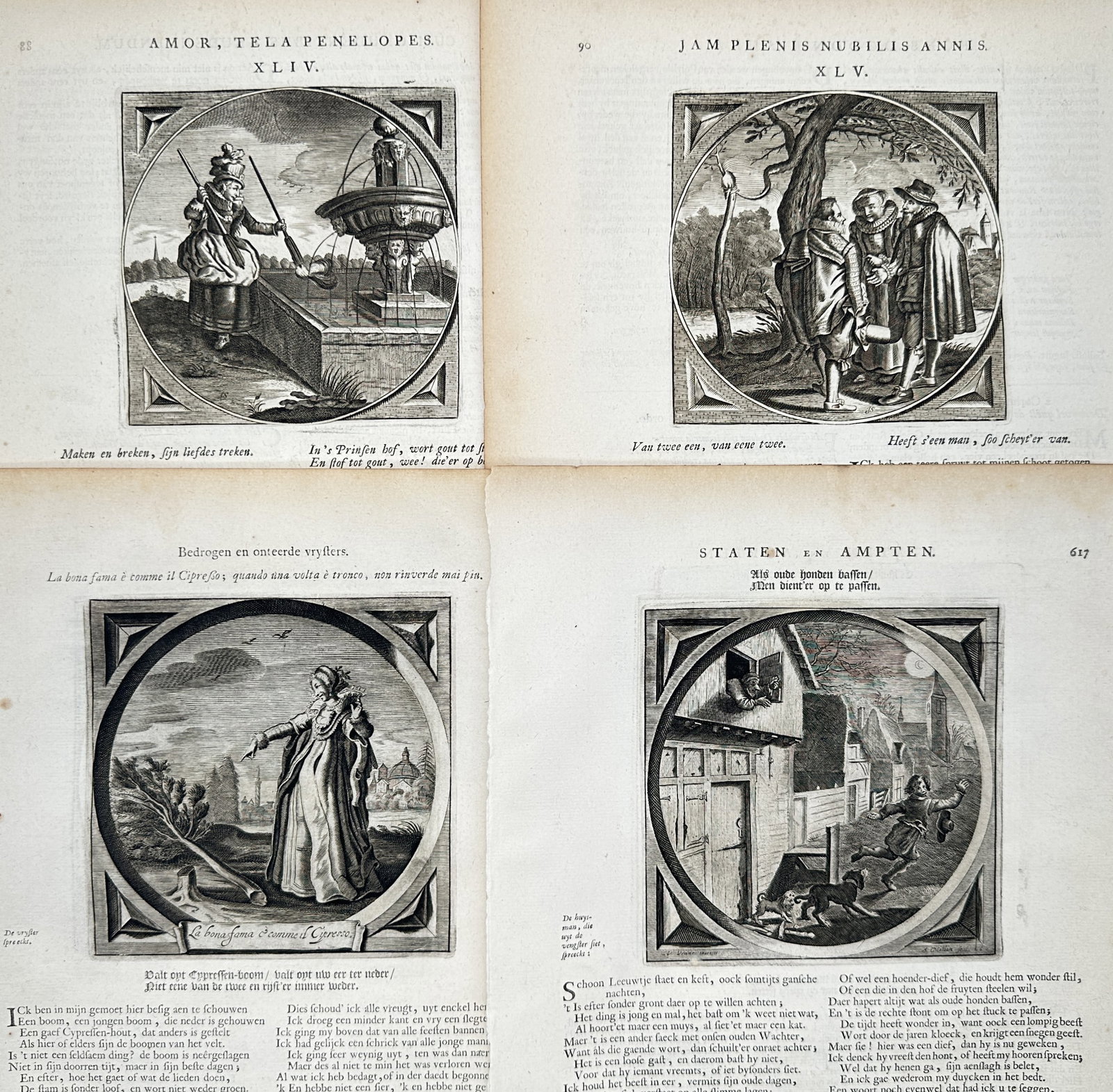 Jacob Cats – Set of 4: Moral Emblems and Allegorical Studies – Engravings (1712): "Moral Emblems and Allegorical Studies" depicts circular emblem illustrations set within square architectural frames, featuring figures, landscapes, and symbolic motifs paired with Dutch verses. These