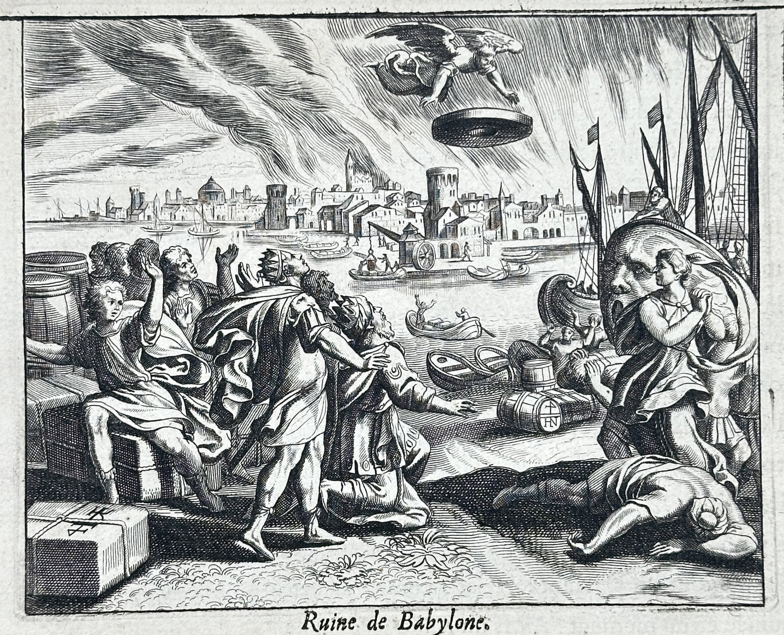 Nicolas Fontaine – Ruin of Babylon – Engraving (17th Century): "Ruin of Babylon" illustrates the apocalyptic fall of the great city depicted with burning architecture, distressed figures along the shore, and a celestial angel overhead. Published in France during 