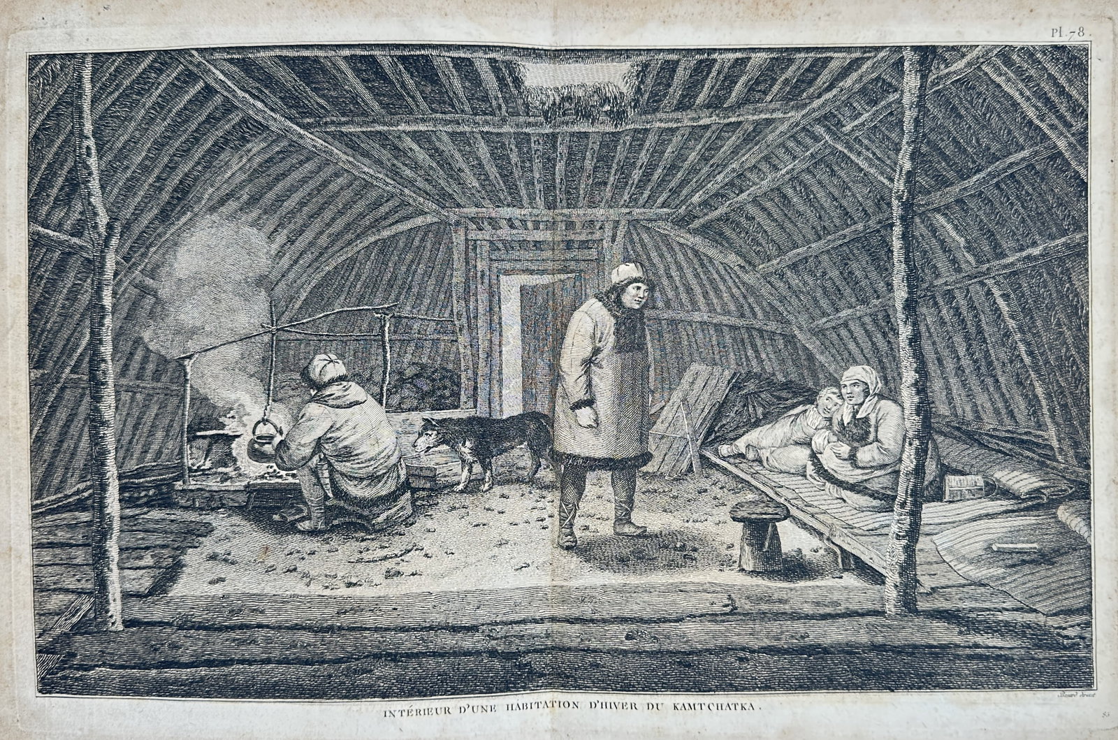 John Webber – Interior of a Winter Dwelling in Kamchatka – Engraving (18th Century): "Interior of a Winter Dwelling in Kamchatka" presents an ethnographic study depicting local inhabitants inside a traditional wooden timber shelter during winter. Published during the eighteenth centur