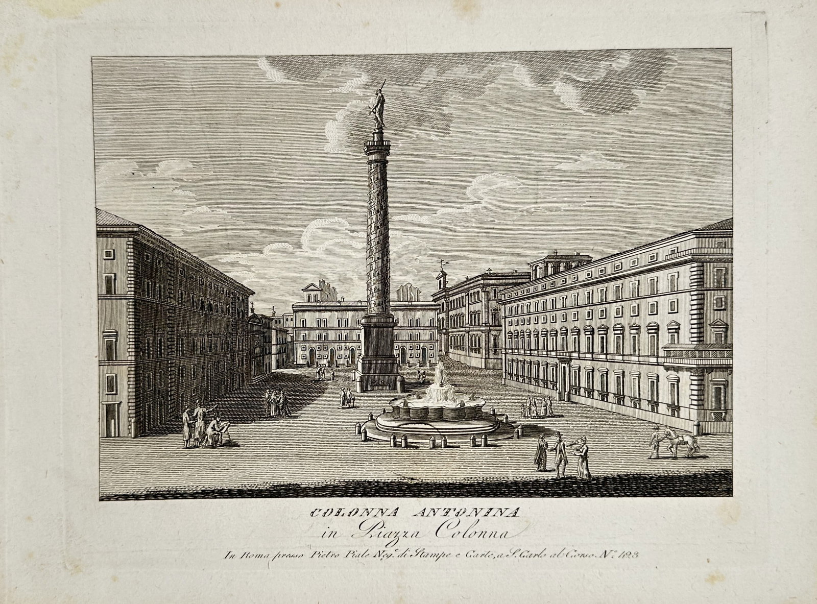 Pietro Parboni – Antonine Column in Piazza Colonna – Italy – Engraving (19th Century): "Antonine Column in Piazza Colonna" presents an architectural view depicting the ancient victory column surrounded by historic palazzi, a central fountain, and figures traversing the square. Published