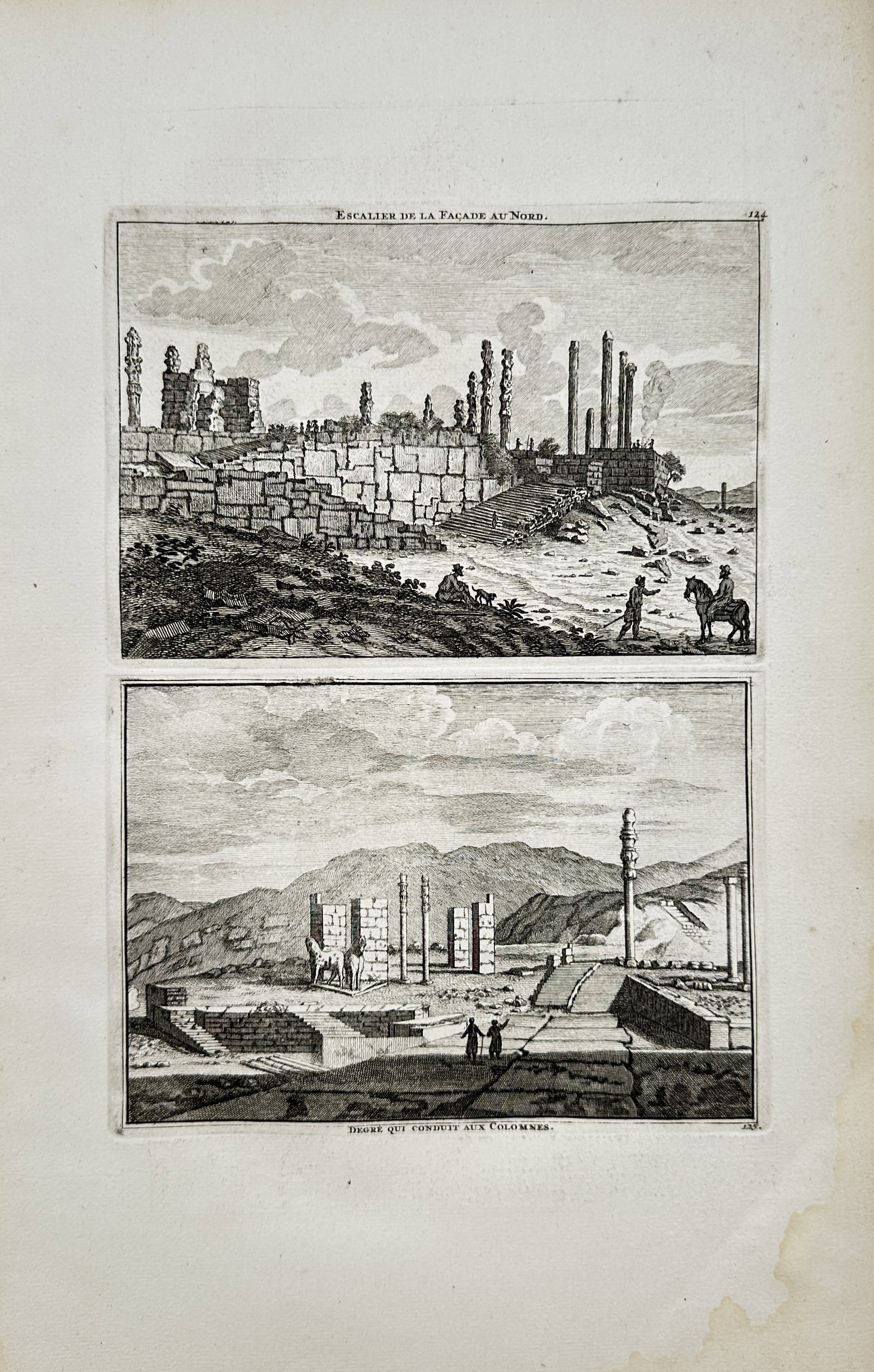 Cornelis de Bruyn – Staircase and Steps to the Columns at Persepolis – Engraving (17th Century): "Staircase of the North Facade and Steps Leading to the Columns" presents an architectural topographical view depicting the ancient Persian ruins of Persepolis featuring stone staircases, columns, and