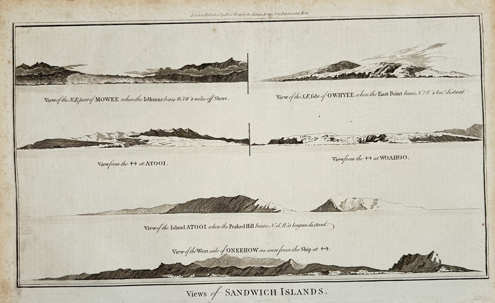 Alexander Hogg – Views of Sandwich Islands – Engraving (18th Century): "Views of Sandwich Islands" presents a coastal profile view depicting panoramic island perspectives of Mowee, Owhyee, Atooi, Woahoo, and Oneehow as observed from sea. Published in London during the ei