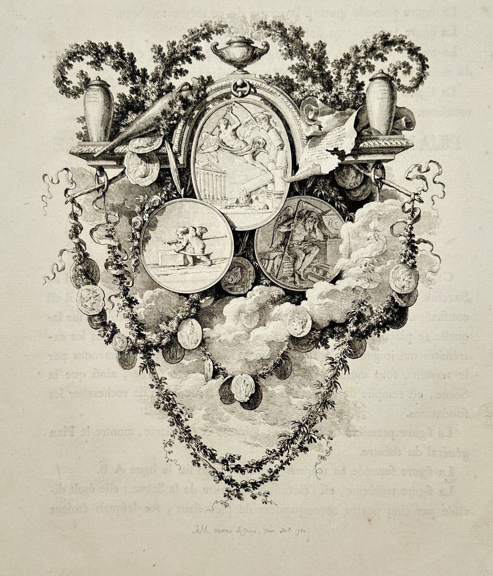 Marie-Gabriel-Florent-Auguste de Choiseul-Gouffier – Classical Vignette and Medallion Cartouche: "Classical Vignette and Medallion Cartouche" presents an ornate neoclassical vignette depicting central medallion relief scenes surrounded by floral garlands, urns, and ancient coins. Published in Fra