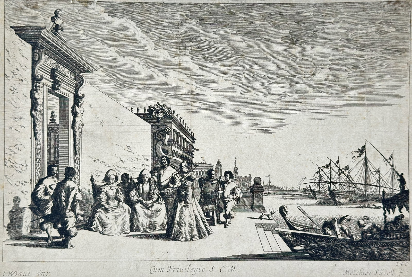 Johann Wilhelm Baur – Venetian Harbor Scene – Engraving (17th Century) (1 of 2)