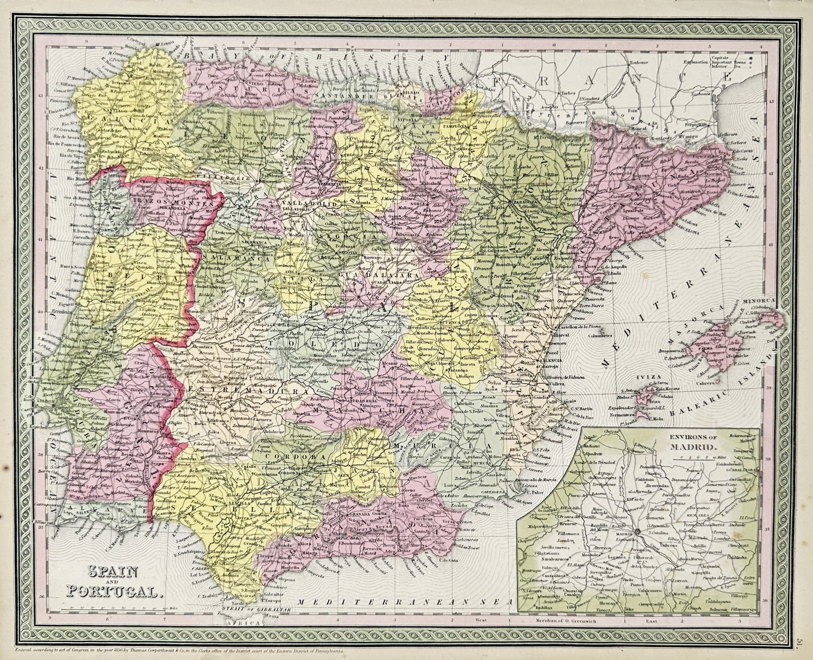Thomas Cowperthwait & Co. – Map of Spain and Portugal – Spain and Portugal: "Map of Spain and Portugal" presents a detailed geographic map depicting the Iberian Peninsula with regional divisions, coastal topography, and an inset map of the environs of Madrid. Published in Phi