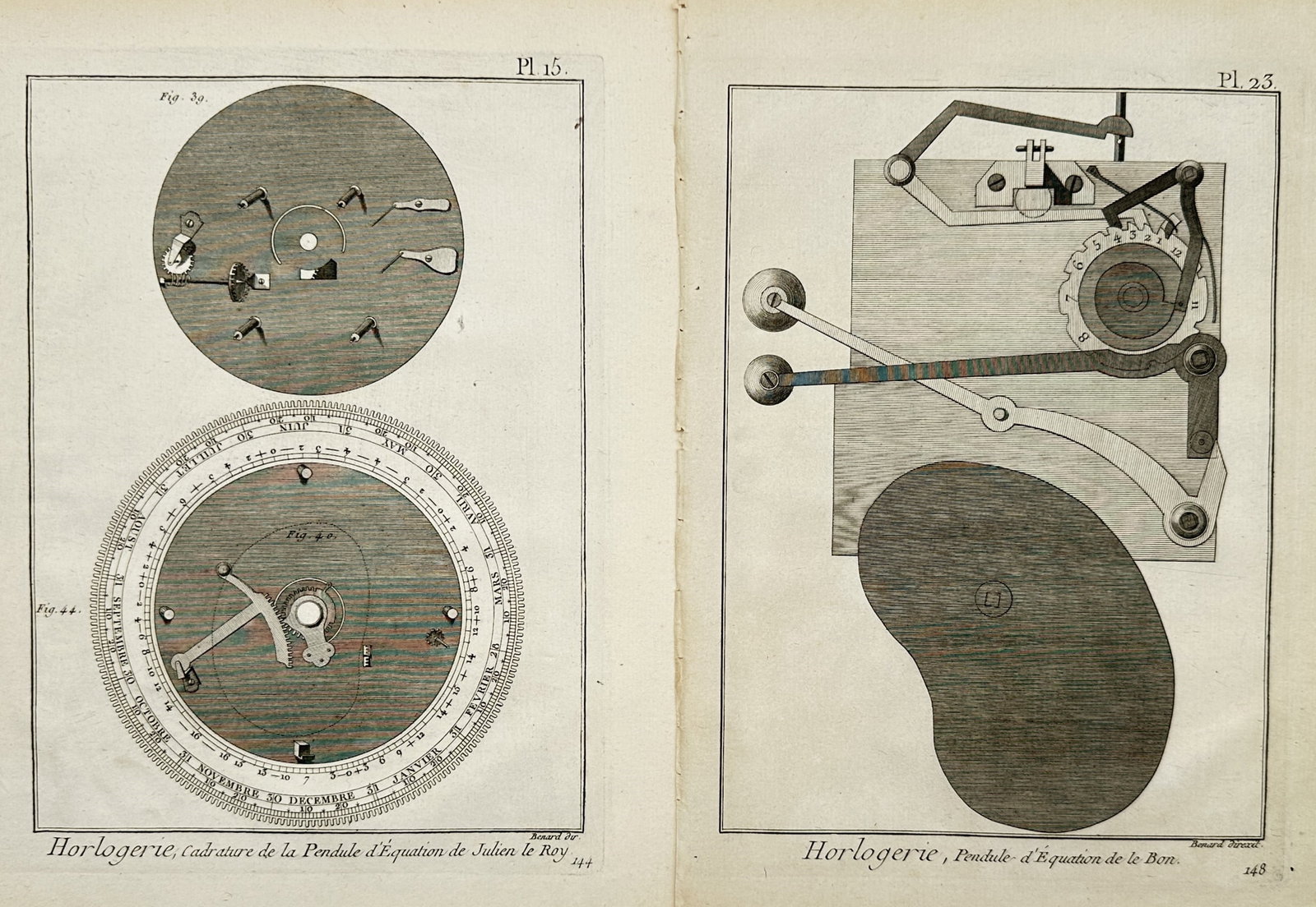Robert Benard – Set of 2: Horological Mechanism Studies – Engravings (18th Century): "Set of Two: Horological Mechanism Studies" presents two technical plates depicting precision timekeeping apparatus rendered in precise mechanical elevation, the left composition displaying circular d