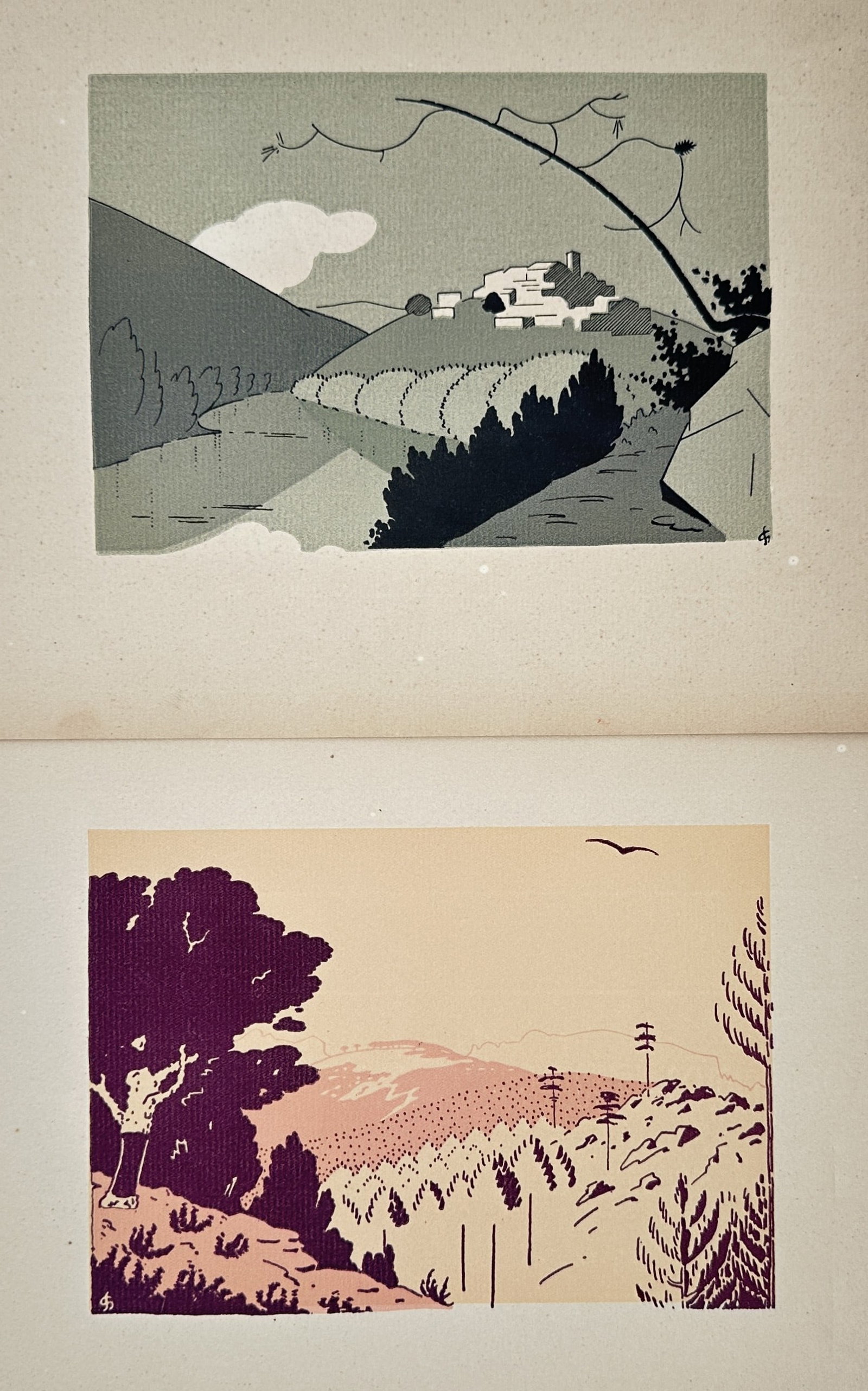 Gaston-Stéphane – Set of 2: Mediterranean Landscapes – Woodcuts (20th Century): "Two Mediterranean Landscapes" This set of prints illustrates stylized natural scenery, depicting rural buildings nestled into rolling hillsides alongside coastal flora under an expansive sky. The com