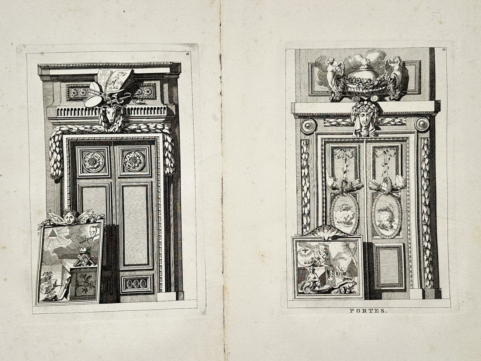 Jean-Charles Delafosse – Set of 2: Architectural Studies of Ornate Doors – Engravings (18th: "Doors" This set of plates displays detailed neoclassical designs for highly decorative portals and entranceways. The monochrome illustrations highlight intricate relief carvings, scrolling garlands, 