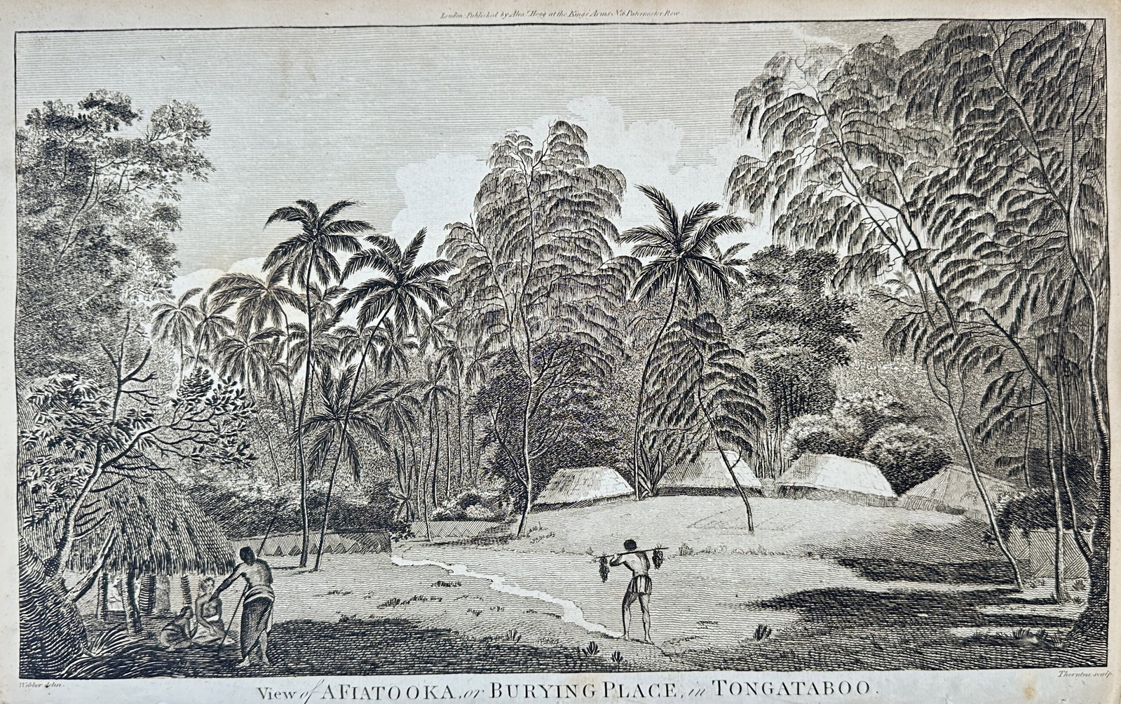 Alexander Hogg – View of Afiatooka, or Burying Place, in Tongataboo – Engraving (18th Century): "View of Afiatooka, or Burying Place, in Tongataboo" depicts a serene Pacific island landscape featuring traditional thatched burial structures set amidst dense palm trees and native vegetation in Ton