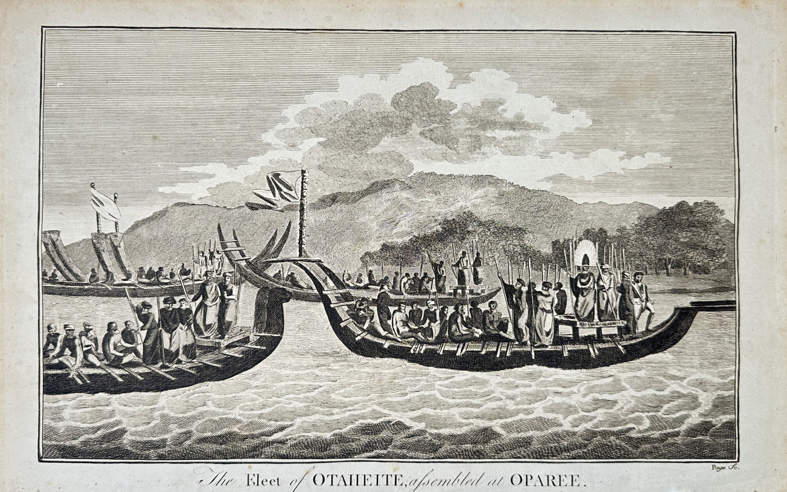 Alexander Hogg – The Fleet of Otaheite, Assembled at Oparee – Engraving (18th Century): "The Fleet of Otaheite, Assembled at Oparee" presents a grand naval gathering of Tahitian war canoes navigated across coastal waters near mountainous terrain. The print captures an impressive demonstr