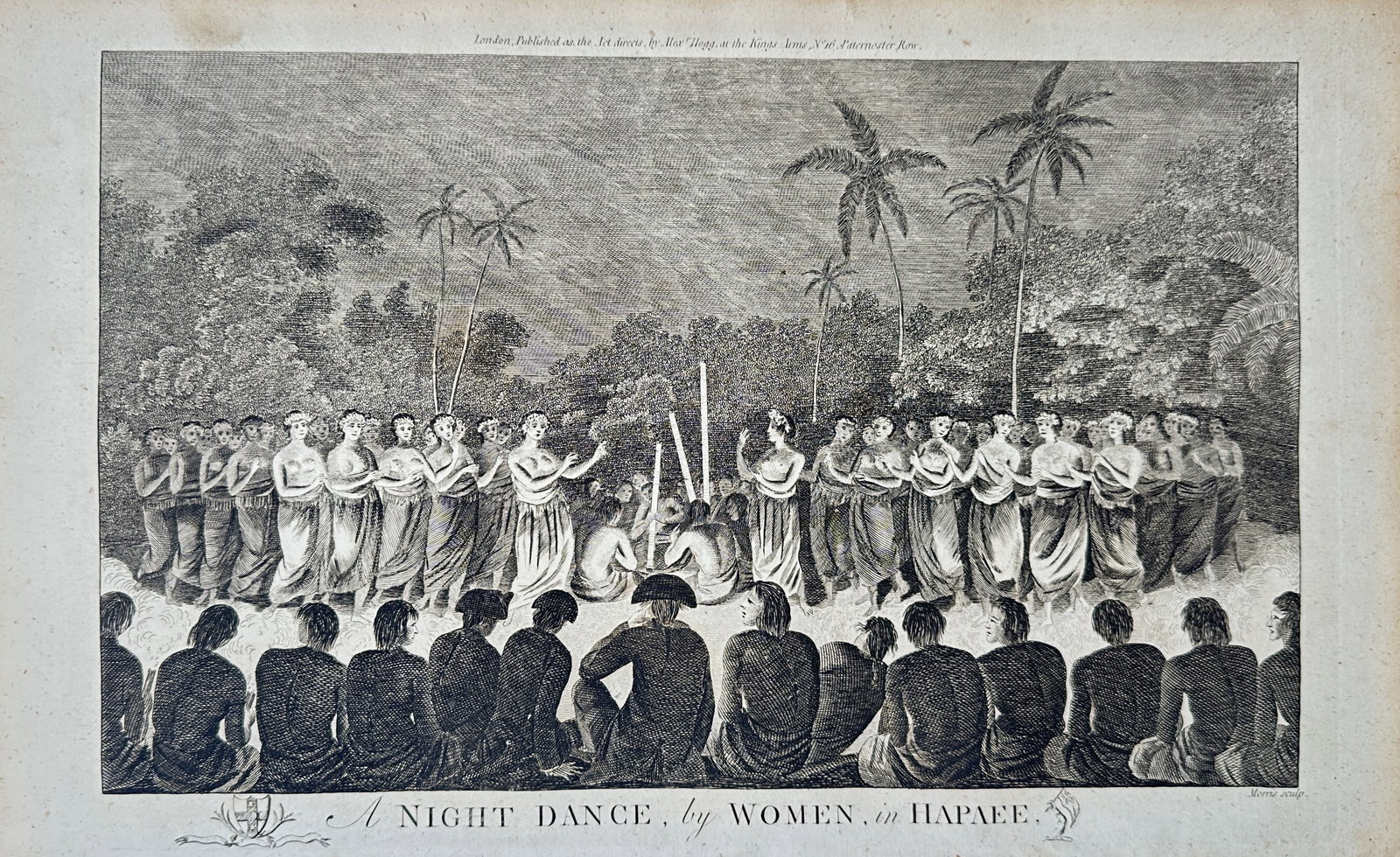 Alexander Hogg – A Night Dance, by Women, in Hapaee – Engraving (18th Century): "A Night Dance, by Women, in Hapaee" depicts a traditional ceremonial evening dance performed by Tongan women before a seated audience under tropical palms. The print illustrates an important aspect o