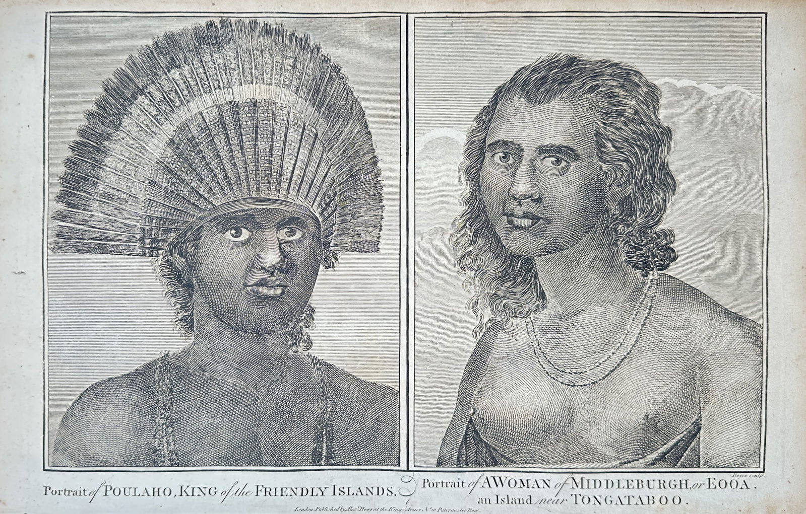 Alexander Hogg – Portrait of Poulaho, King of the Friendly Islands, Portrait of a Woman –: "Portrait of Poulaho, King of the Friendly Islands, and Portrait of a Woman of Middleburgh, or Eooa, an Island near Tongataboo" presents dual ethnographic portraits featuring the Tongan monarch wearin