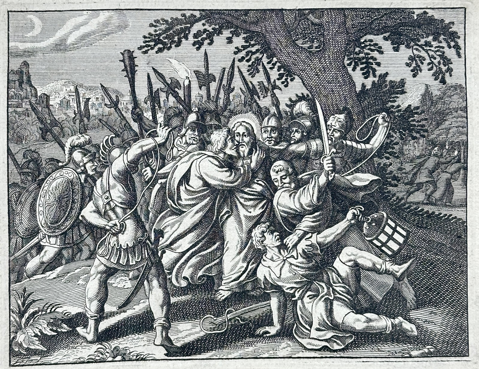 Nicolas Fontaine – Capture of Jesus Christ – Engraving (17th Century): "Capture of Jesus Christ" depicts the biblical scene of the betrayal and arrest of Jesus in the Garden of Gethsemane surrounded by armed soldiers and disciples. The print illustrates the dramatic mome