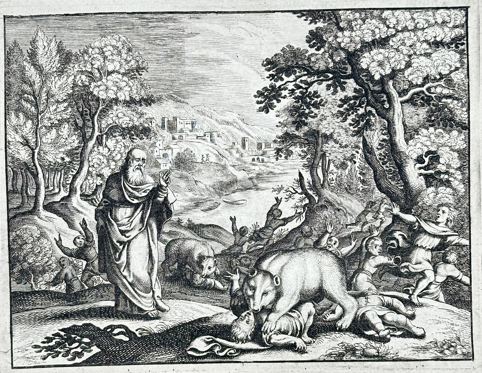 Nicolas Fontaine – Children Devoured by Bears – Engraving (17th Century): "Children Devoured by Bears" depicts the biblical narrative from the Second Book of Kings recounting the prophet Elisha cursed by youth near Bethel. The print illustrates the dramatic judgment upon th