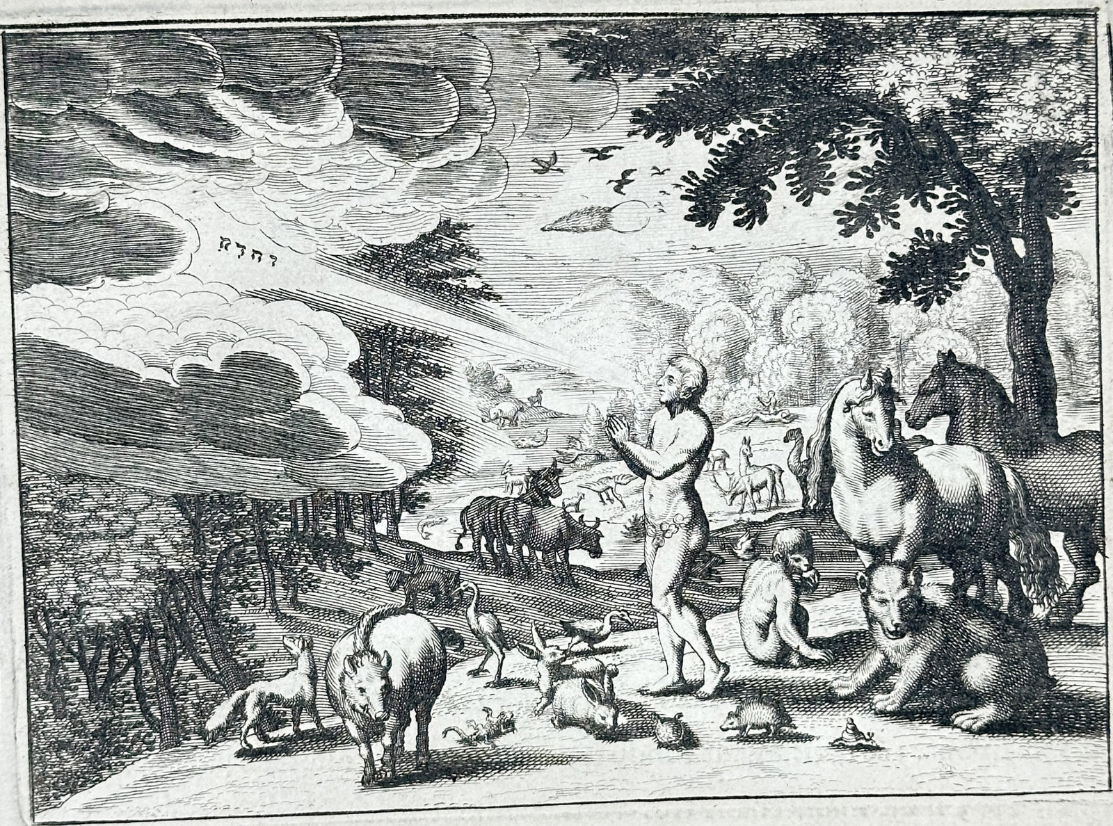 Nicolas Fontaine – Creation of Man and Woman – Engraving (17th Century): "Creation of Man and Woman" depicts the biblical creation narrative from the Book of Genesis featuring early humanity within the earthly paradise surrounded by diverse animal life. The print illustrat