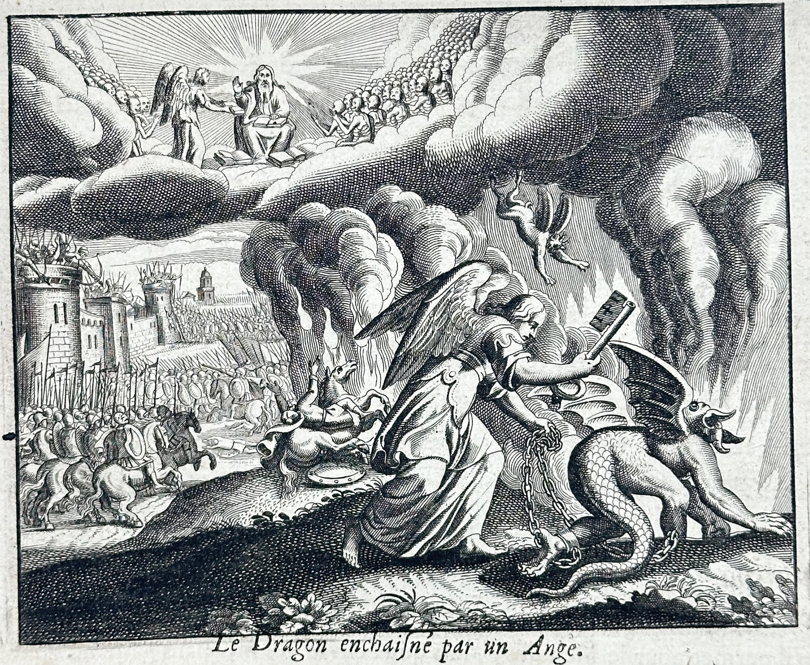 Nicolas Fontaine – Chained Dragon – Engraving (17th Century): "Chained Dragon" depicts the apocalyptic scene from the Book of Revelation illustrating the binding of Satan by an angel holding a key and heavy chains. The print captures the dramatic subjugation of 