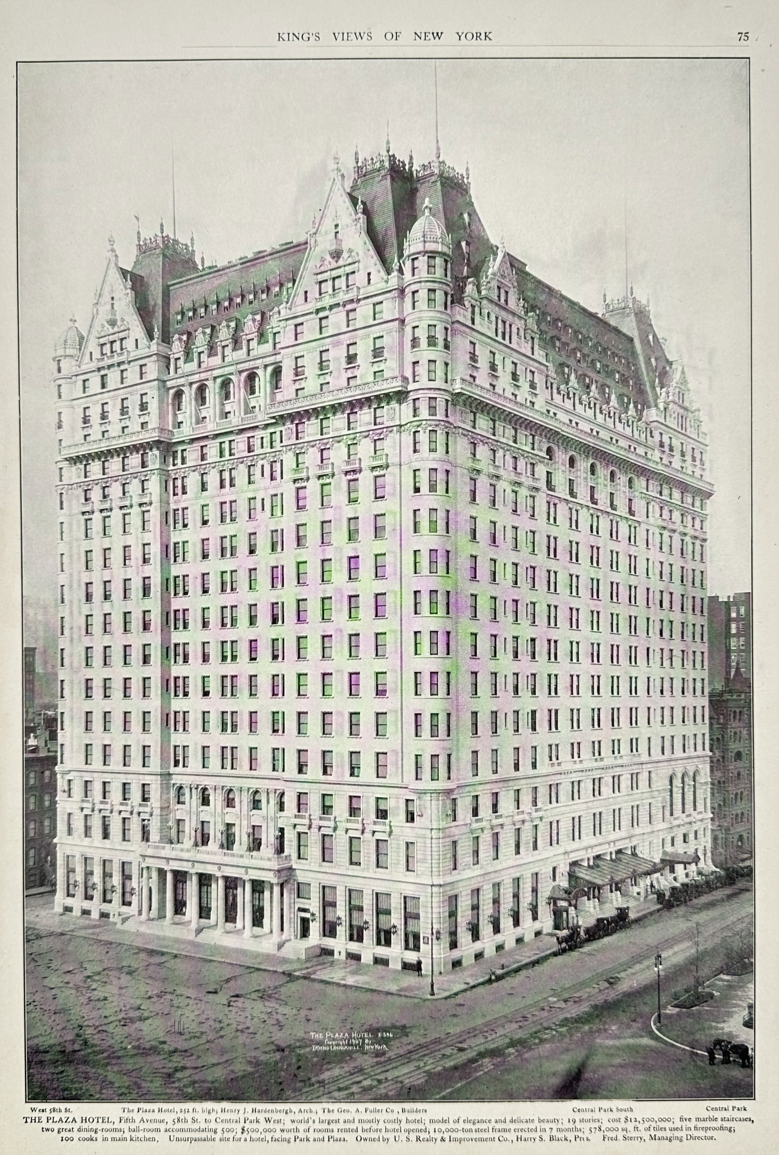 Moses King – The Plaza Hotel – Photomechanical print (1908): "The Plaza Hotel" presents a prominent architectural view of the iconic luxury hotel building in New York City facing Fifth Avenue and Central Park. The print documents early twentieth-century America