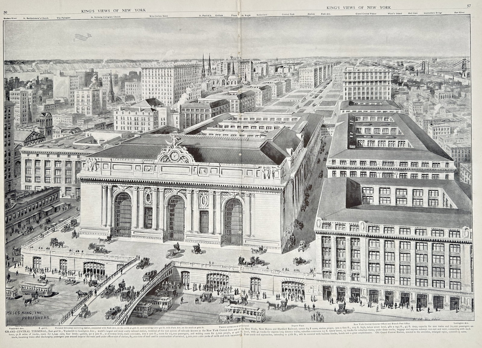 Moses King – Grand Central Terminal – Photomechanical print (1908): "Grand Central Terminal" presents a sweeping panoramic perspective of the landmark railway terminal and surrounding cityscape in Midtown Manhattan. The print illustrates early twentieth-century Americ