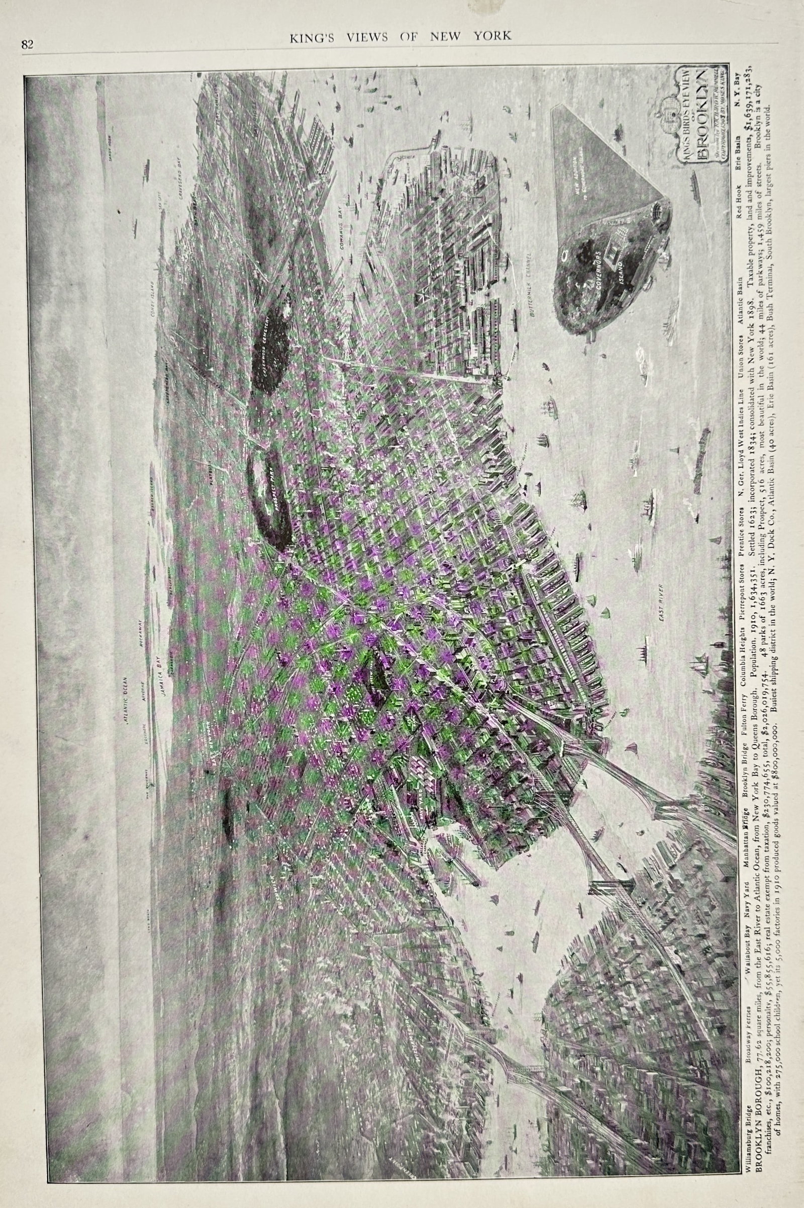Moses King – Bird's-Eye View of Brooklyn – Photomechanical print (1908): "Bird's-Eye View of Brooklyn" presents an expansive aerial landscape depicting the borough of Brooklyn with its waterfront docks, street grids, and connecting bridges over the East River. The print il