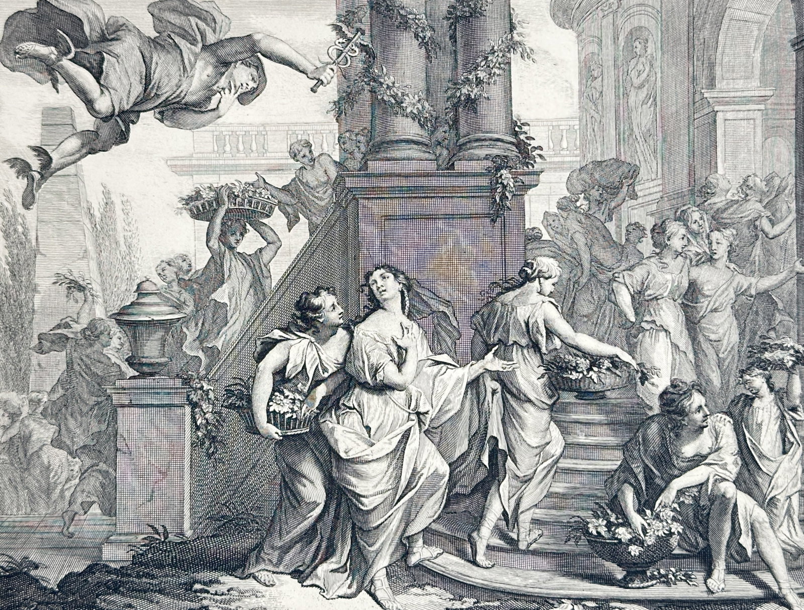 Pieter Stevens van Gunst – Mercury and Herse – Engraving (18th Century): "Mercury and Herse" presents a classical mythological scene illustrating Mercury descending from the sky holding his caduceus toward Herse as she leads a procession of flower-bearing maidens near a cl