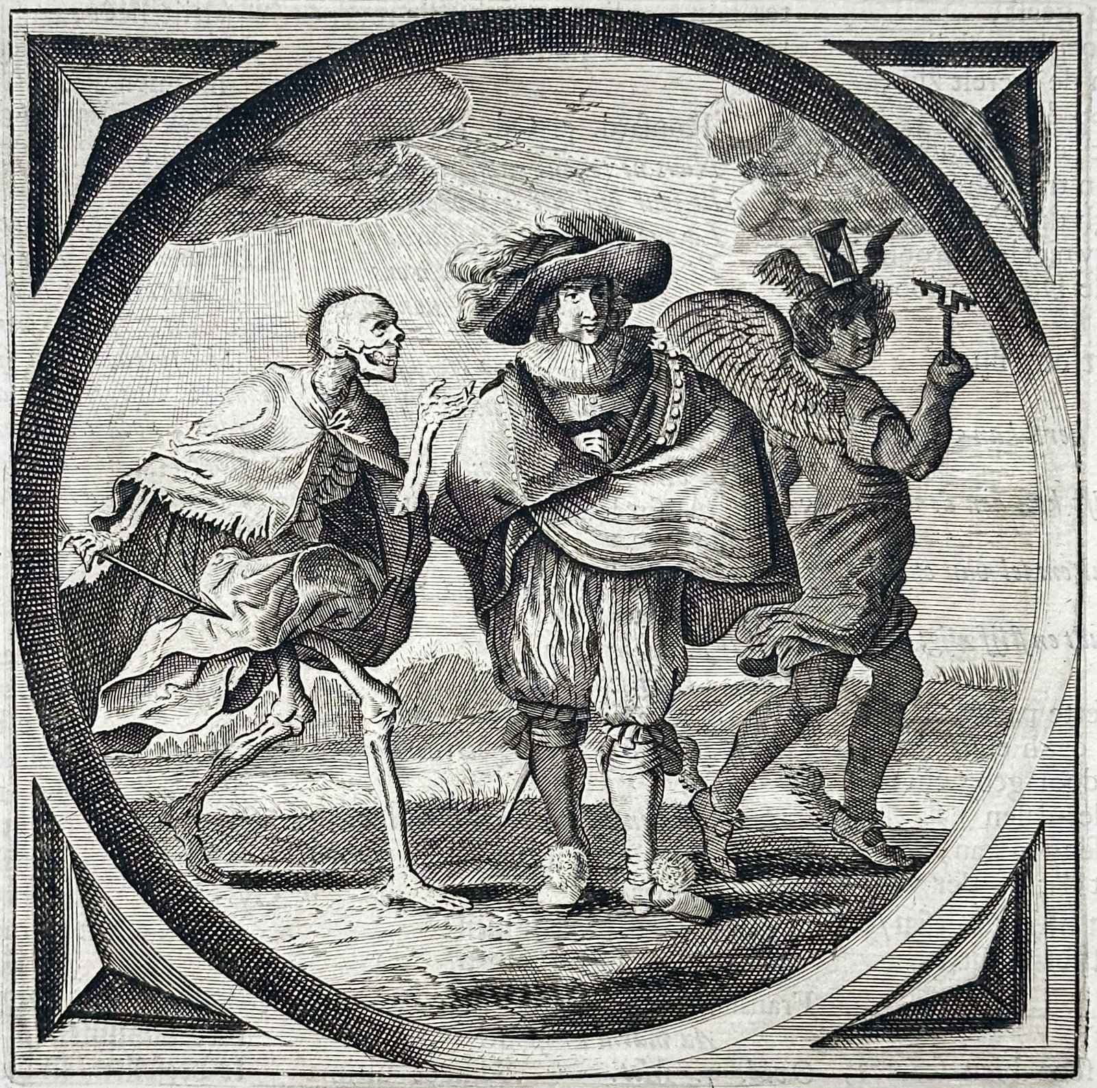 Jacob Cats – Time Goes, Death Comes – Engraving (17th Century): "Time Goes, Death Comes" presents an allegorical emblem depicting a stylishly dressed gentleman flanked by personifications of Death and winged Father Time bearing an hourglass. The print serves an ed