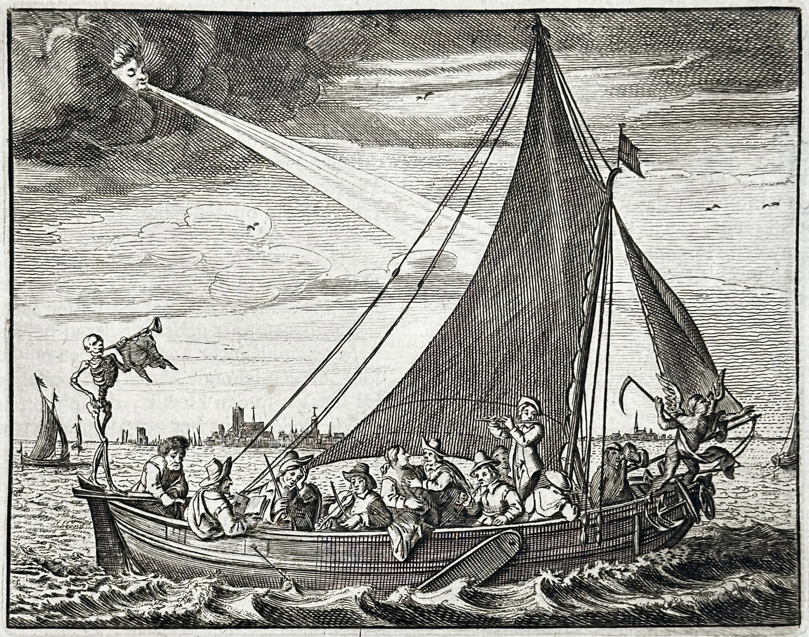 Jacob Cats – Conversation Between Death and the Old Man – Engraving (17th Century): "Conversation Between Death and the Old Man" presents an allegorical emblem depicting passengers aboard a sailing vessel blowing across open waters, accompanied by figures of Death playing a horn and 