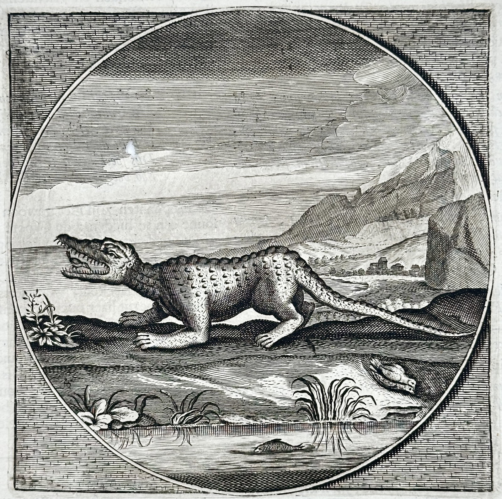 Jacob Cats – Bad to Himself, Good to Whom? – Engraving (17th Century): "Bad to Himself, Good to Whom?" presents an allegorical emblem depicting a crocodile along a riverbank accompanied by a small bird near its jaws within a circular frame set in a landscape. The print s
