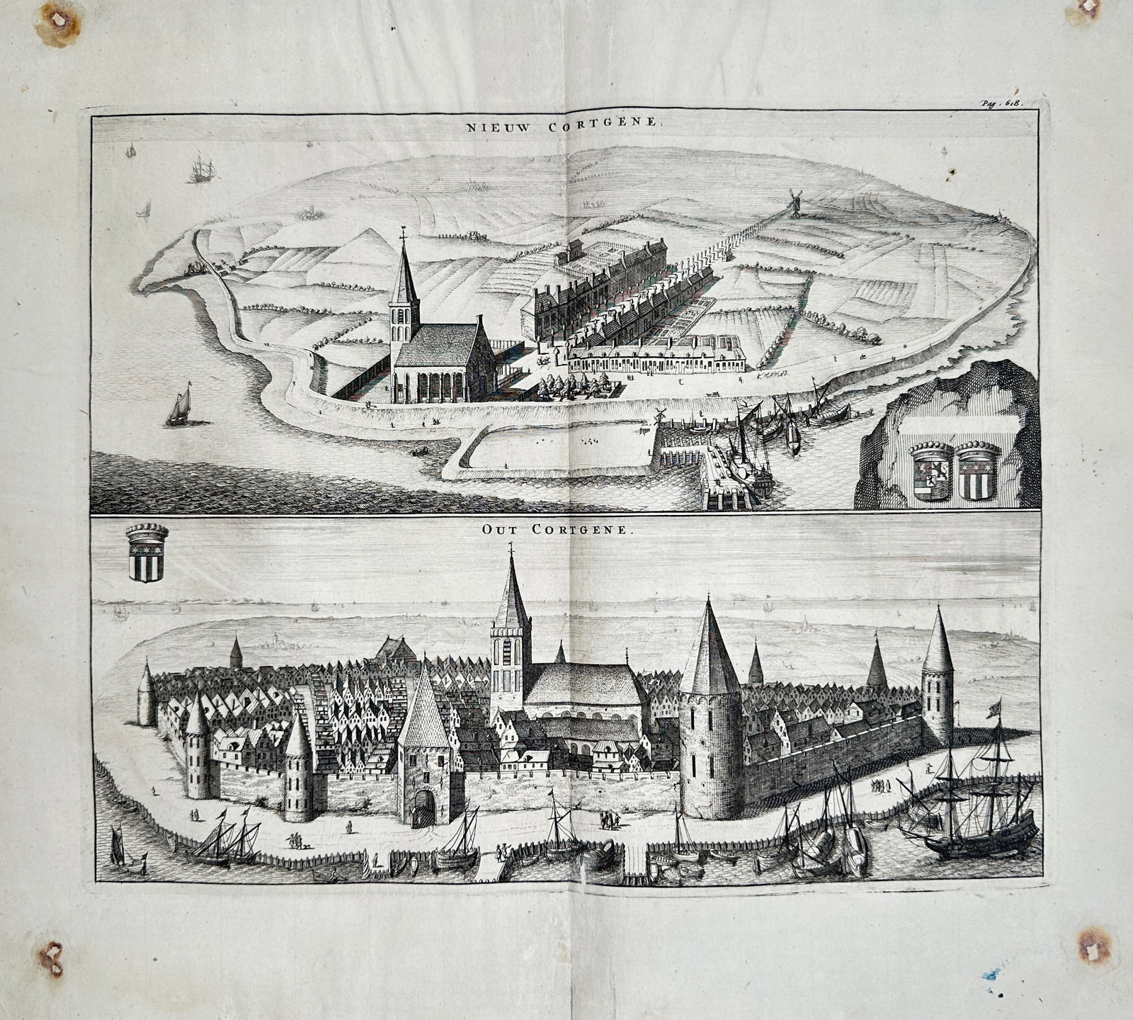 Mattheus Smallegange – Views of Nieuw Cortgene and Out Cortgene – Engraving (1696): "Views of Nieuw Cortgene and Out Cortgene" presents a two-panel topographical study illustrating bird's-eye and panoramic views of Kortgene in Zeeland, depicting the village's church, layout, and surr