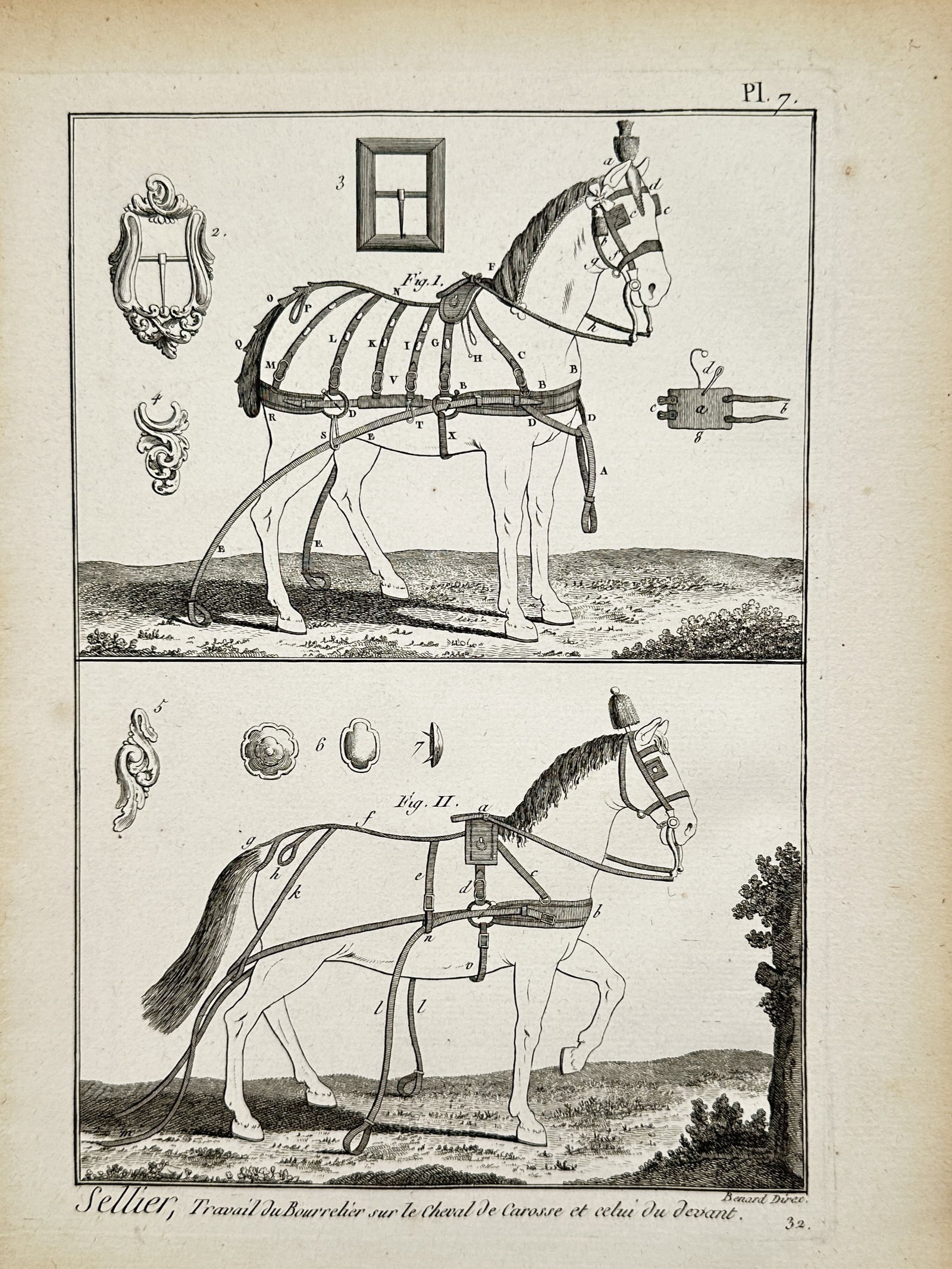 Robert Bénard – Saddlery, Work of the Harness Maker on the Carriage Horse – Engraving: "Saddlery, Work of the Harness Maker on the Carriage Horse and the Lead Horse" presents an encyclopedic technical study illustrating horses fitted with elaborate leather carriage harnesses, reins, and
