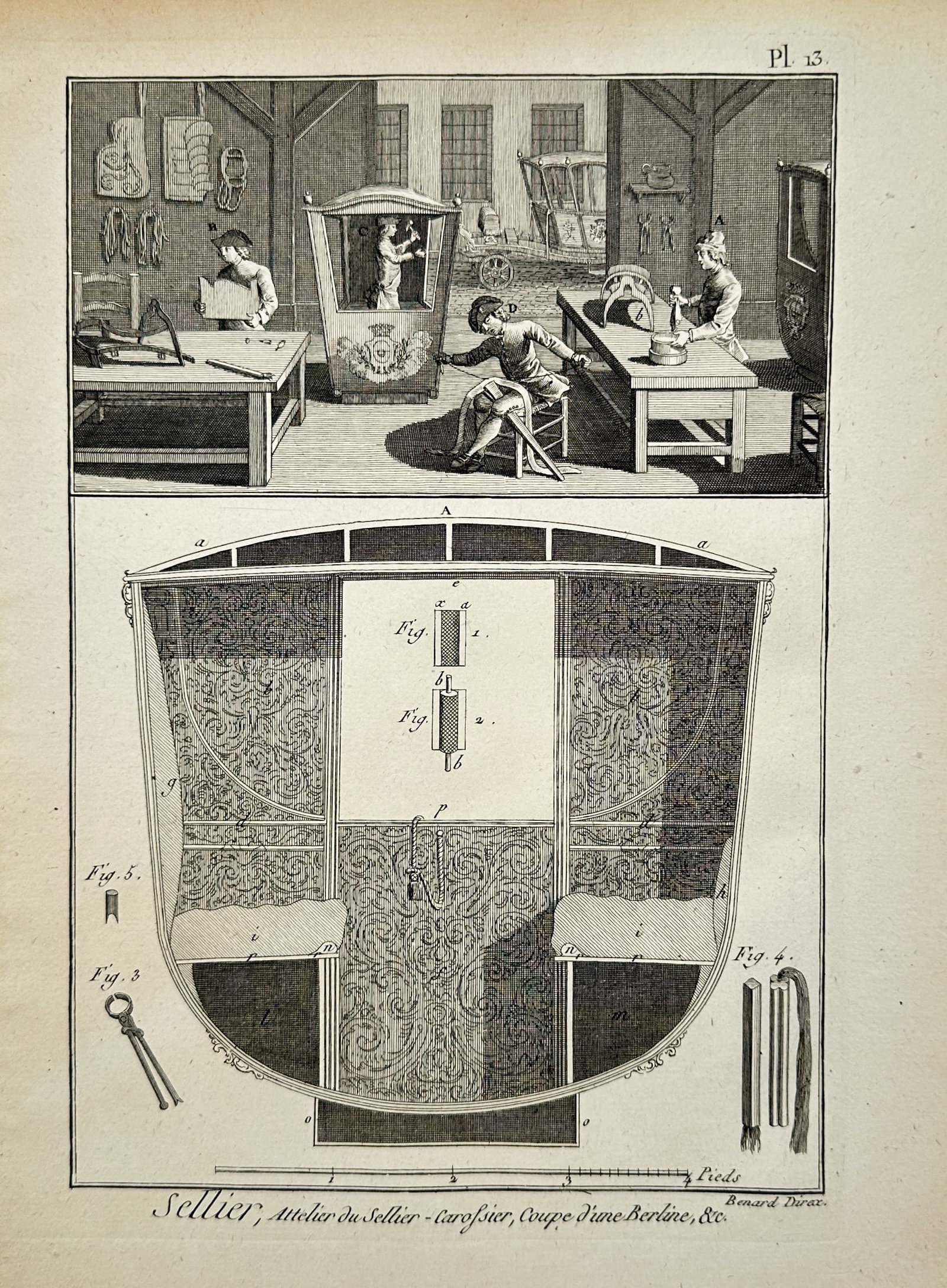 Robert Bénard – Saddler's Workshop, Carriage Maker, Section of a Berline Carriage – Engraving: "Saddler's Workshop, Carriage Maker, Section of a Berline Carriage" presents an encyclopedic technical study illustrating craftsmen working inside a coachmaker's workshop alongside a cross-section dia