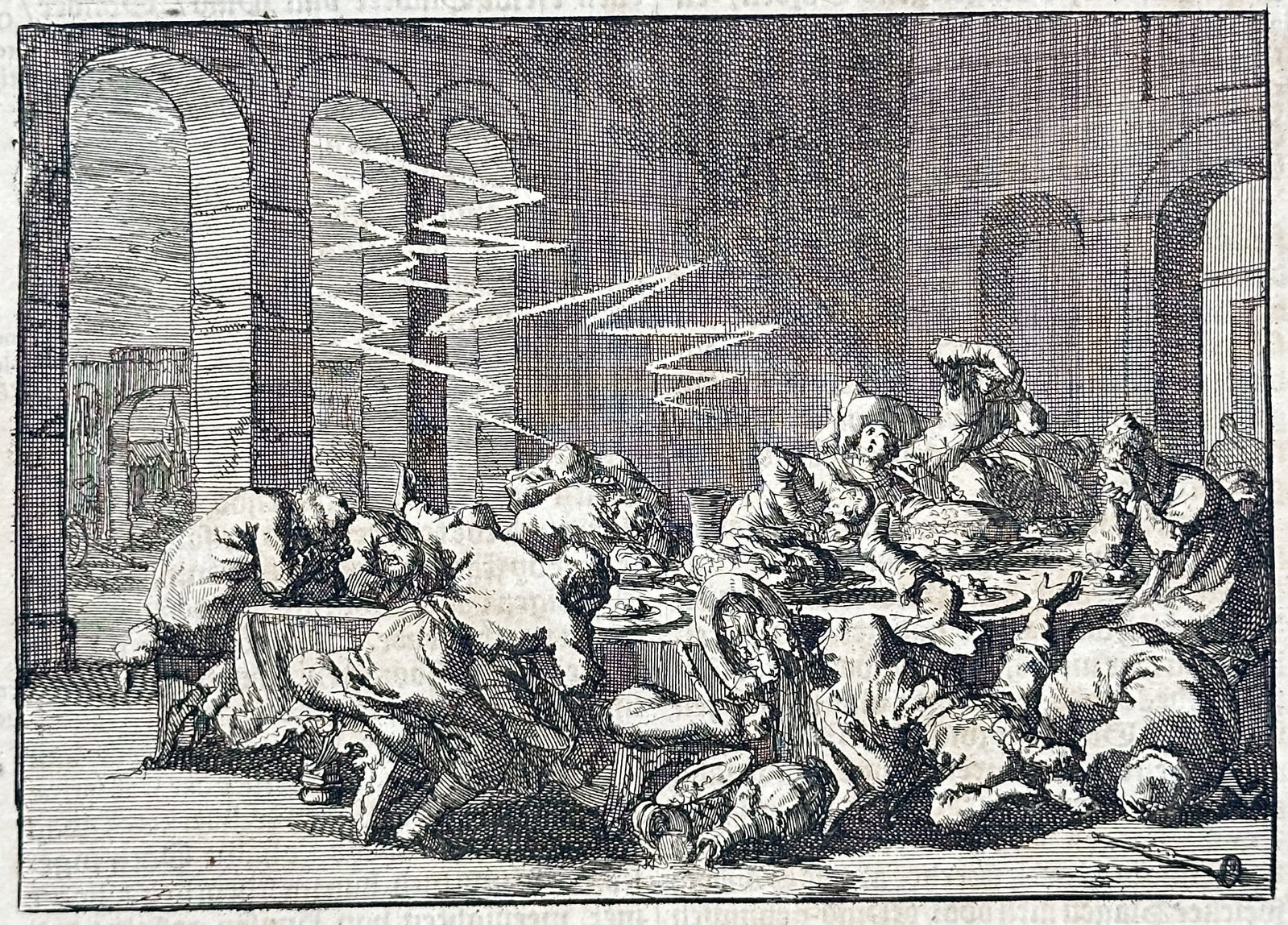 Johann Ludwig Gottfried – Lightning Strike During a Banquet – Engraving (17th Century) (1 of 3)