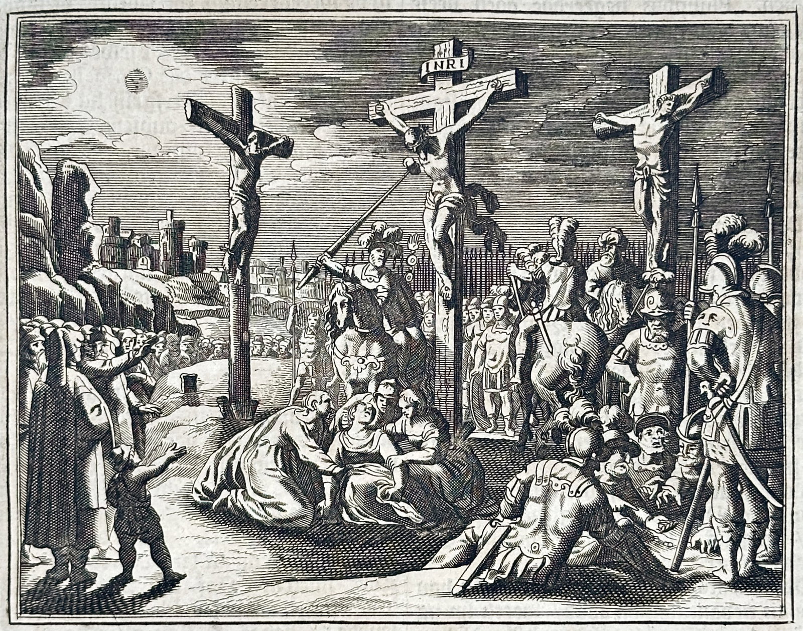 Johann Ludwig Gottfried – The Crucifixion – Engraving (17th Century): "The Crucifixion" presents a biblical chronicle illustration depicting Jesus Christ crucified on Calvary flanked by two thieves, surrounded by mourners, soldiers, and onlookers. The print serves an ed