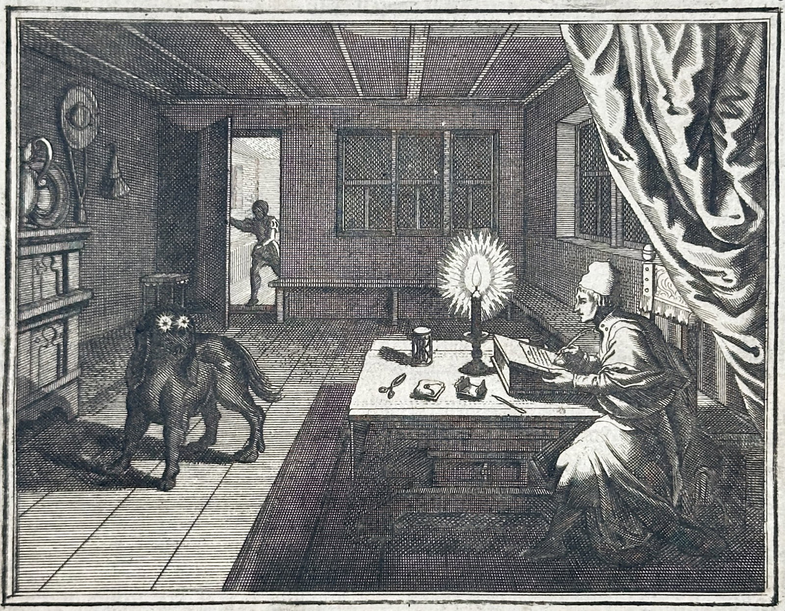 Johann Ludwig Gottfried – Cardinal Crescenzio and the Black Dog – Engraving (17th Century): "Cardinal Crescenzio and the Black Dog" presents a historical chronicle illustration depicting Cardinal Marcello Crescenzio seated at his writing desk, startled by the sudden apparition of a large bla