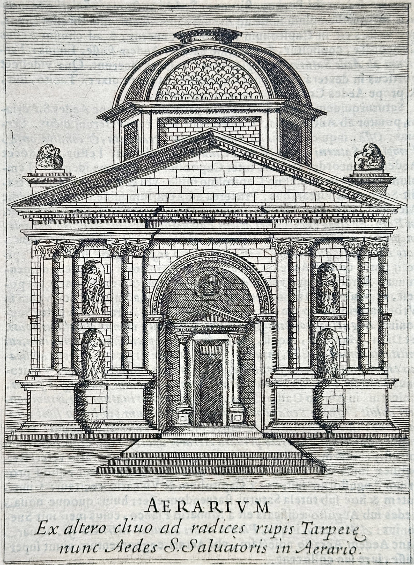 Alessandro Donati – Aerarium – Engraving (17th Century): "Aerarium" presents an architectural view depicting the ancient treasury building of Rome in classical elevation with columns, pediments, and a central dome. The print serves an educational and histor