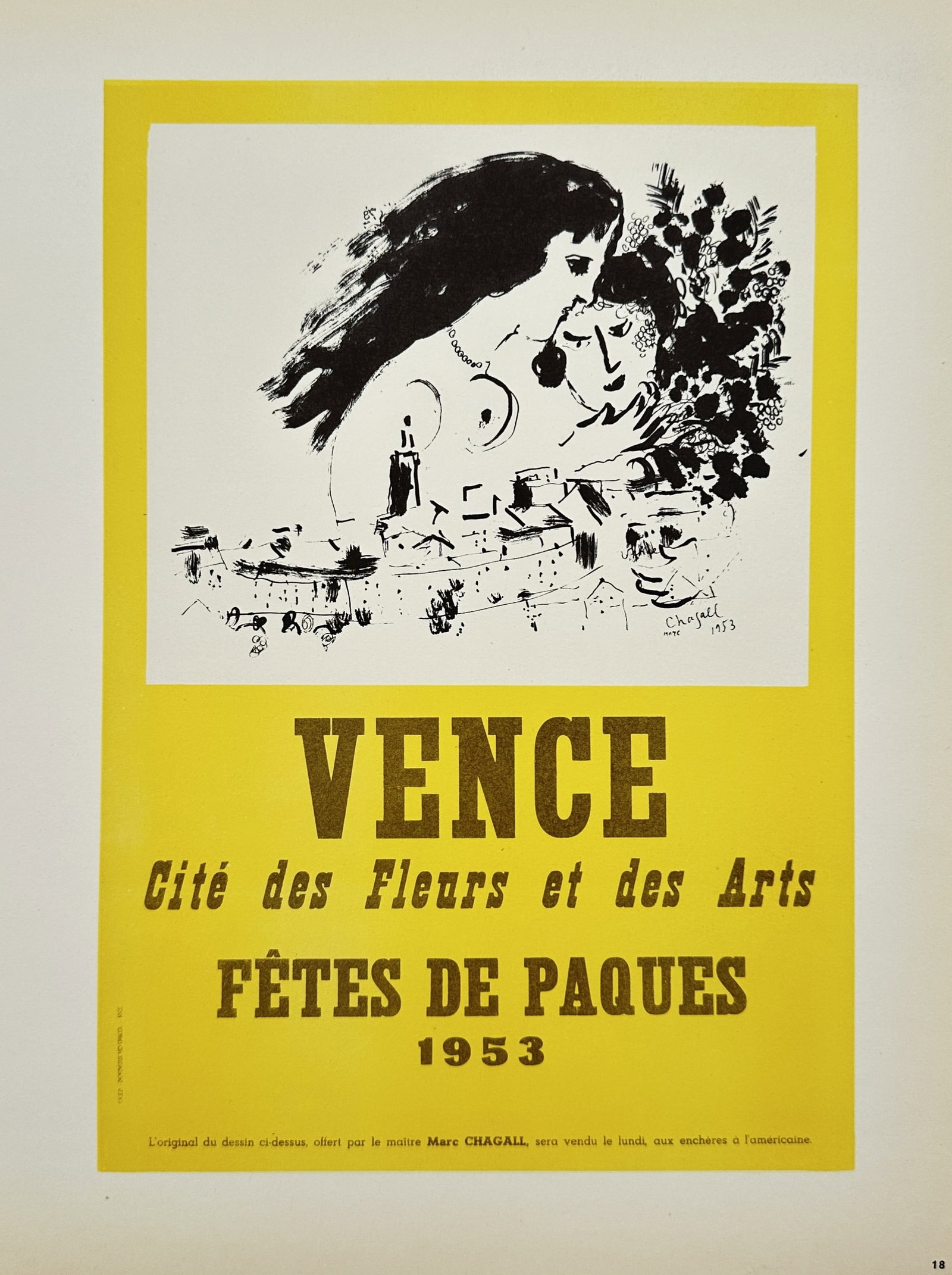 Marc Chagall, after – Vence City of Flowers and Arts Easter Festival 1953 – Offset Lithograph: "Vence City of Flowers and Arts Easter Festival 1953" presents an exhibition poster illustrating a romantic couple embraced above a village skyline surrounded by floral motifs set against a vibrant ye