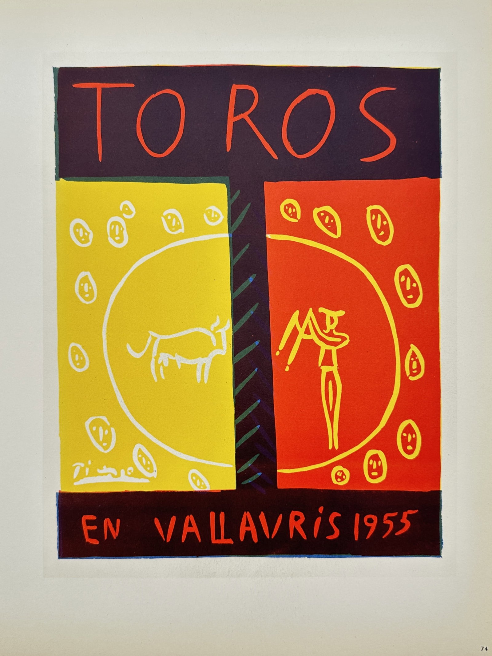 Pablo Picasso, after – Toros in Vallauris 1955 – Offset Lithograph (20th Century): "Toros in Vallauris 1955" presents an exhibition poster illustrating stylized bullfighting figures, including a bull and a torero framed within colorful circular arenas and bold typography. The print 